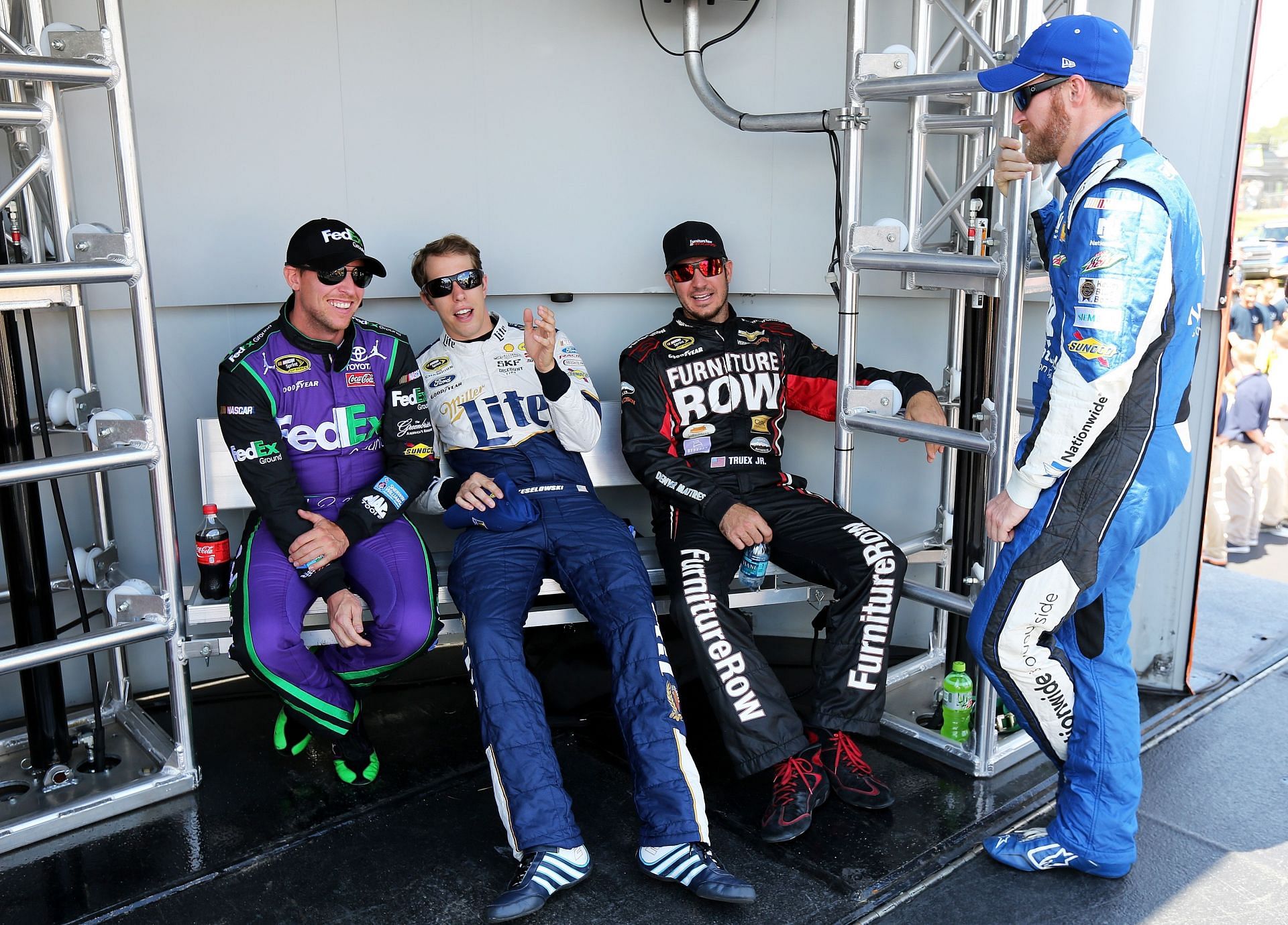 [L-R] Denny Hamlin, Brad Keselowski, Martin Truex Jr., and Dale Earnhardt Jr. before the NASCAR Sprint Cup Series Cheez-It 355 - Source: Getty