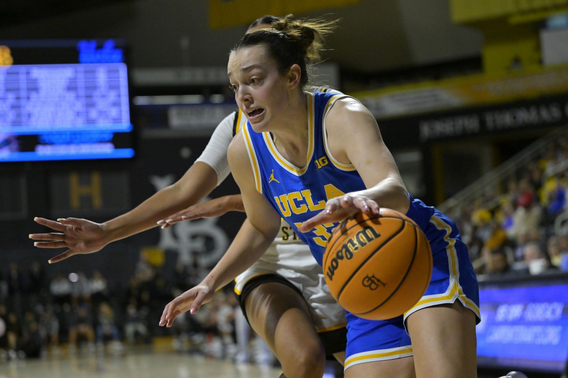 Angela Dugalic in action for UCLA Bruins in the 102-51 Long Beach State 49ers win in their NCAA women&#039;s basketball matchup. (Credits: Getty)