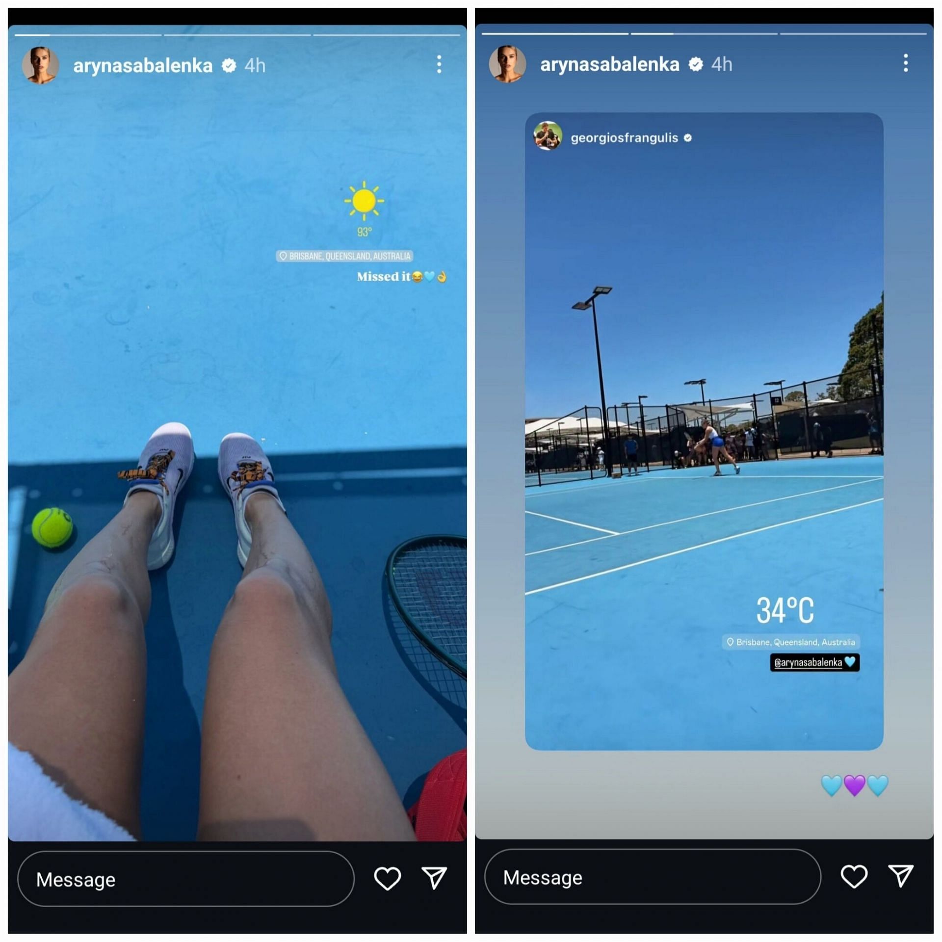 Screen grab of Aryna Sabalenka &amp; Georgios Frangulis&#039; Instagram stories [Image Source: Instagram]