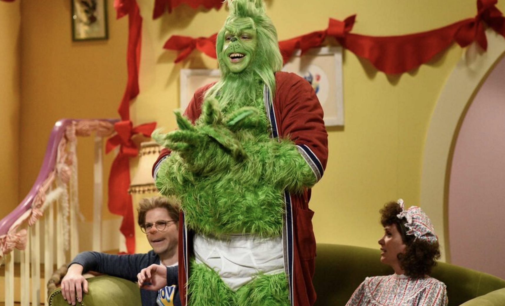 Pete Davidson dressed as The Grinch during The Grinch sketch on Saturday Night Live on December 19, 2020 (Image via NBC)