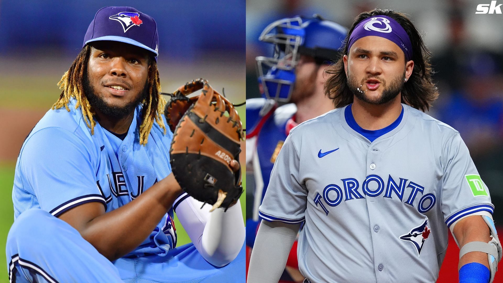 Vladimir Guerrero Jr. of the Toronto Blue Jays looks to the umpire after tagging Gio Urshela of the New York Yankees at TD Ballpark (Source: Getty)