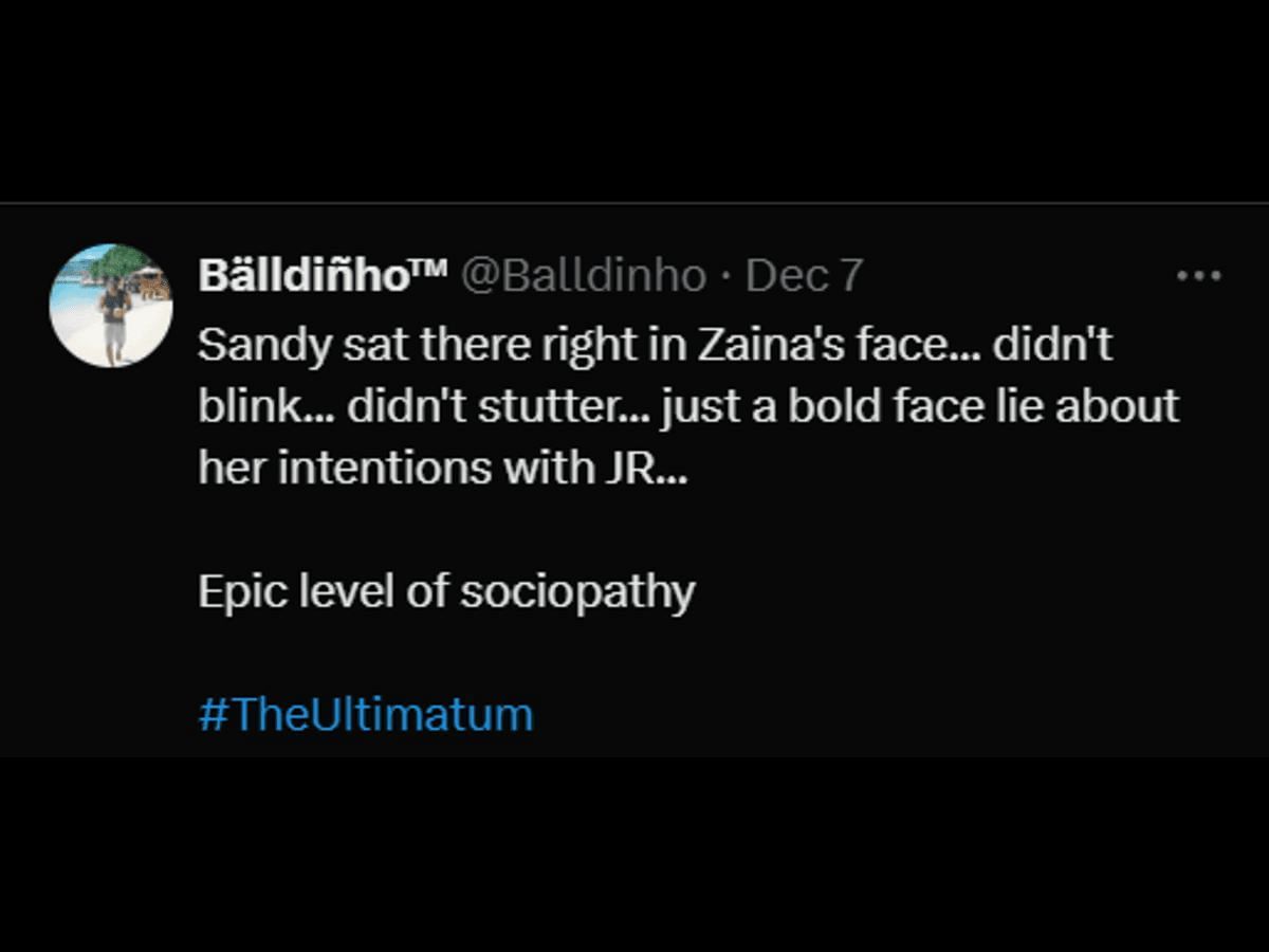 A fan reacts to Sandy&#039;s conversation with Zaina (Image via X/@Balldinho)