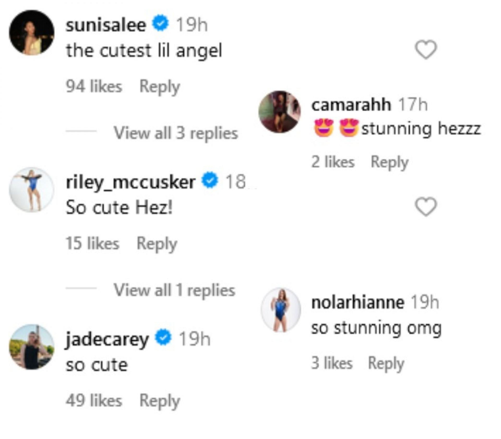 Screenshot of comments from Suni Lee, Jade Carey and other gymnasts. Credits - Instagram/ hezrivera