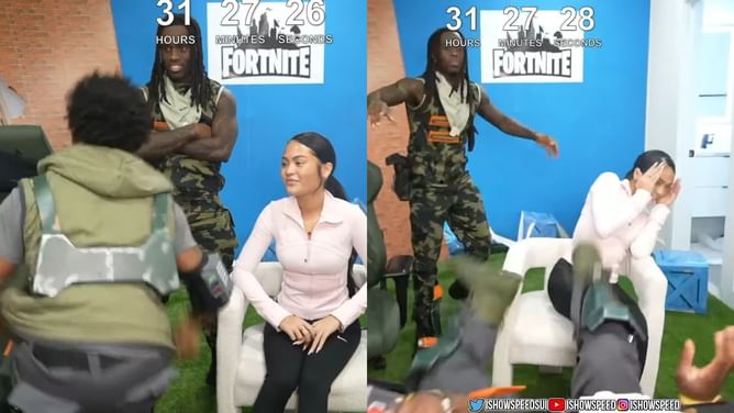"Kai was petrified": Viewers react after IShowSpeed backflips onto desk in front of his girlfriend and Kai Cenat
