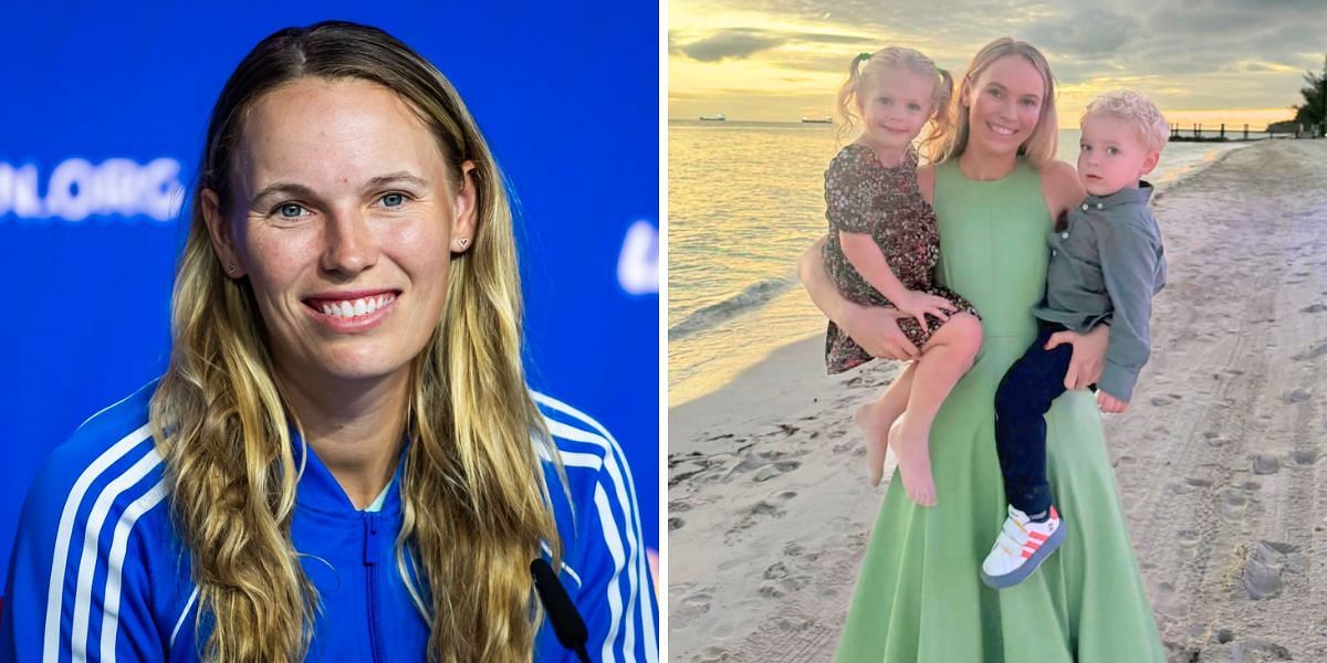 Caroline Wozniacki (L) with her daughter Olivia and son James (R) [Image Source: Getty Images, Instagram/@carowozniacki]