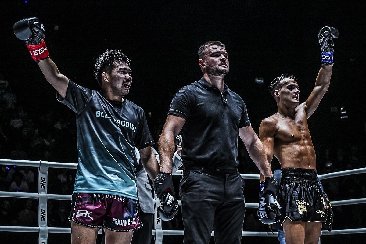 Prajanchai PK Saenchai and Jonathan Di Bella raising hands after their fight | Image credit: ONE Championship