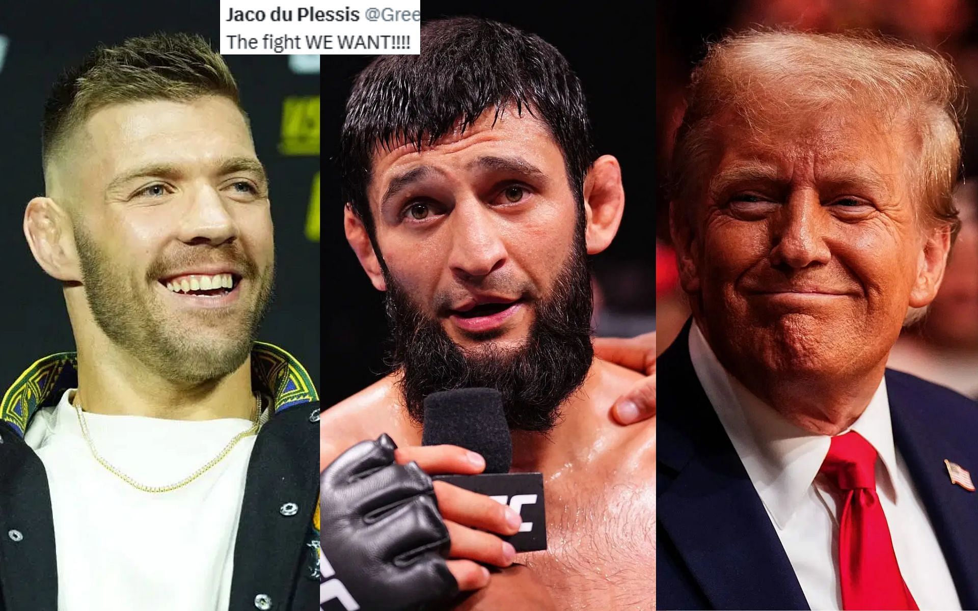 Khamzat Chimaev (middle) shares Donald Trump (right) themed callout of Dricus du Plessis (left) [Images courtesy: Getty Images]