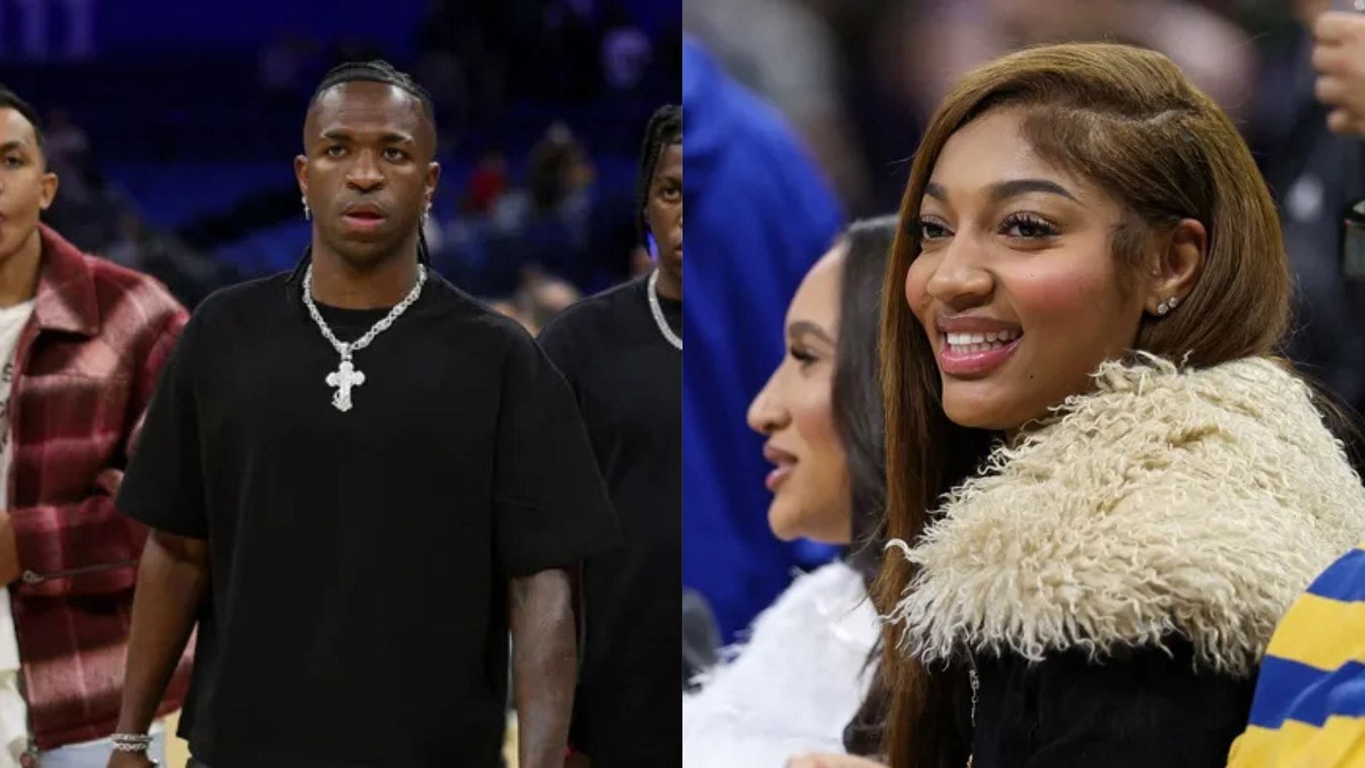 Real Madrid striker Vinicius Jr. attends a NBA game in Orlando. Chicago Sky forward Angel Reese sits courtside at Kia Center. Photo Credits: Imagn