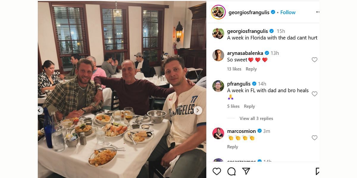 Aryna Sabalenka&#039;s comment on Georgios Frangulis&#039; post (Image: Instagram @georgiosfrangulis)