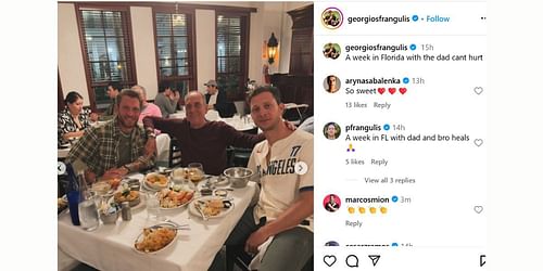 Aryna Sabalenka's comment on Georgios Frangulis' post (Image: Instagram @georgiosfrangulis)