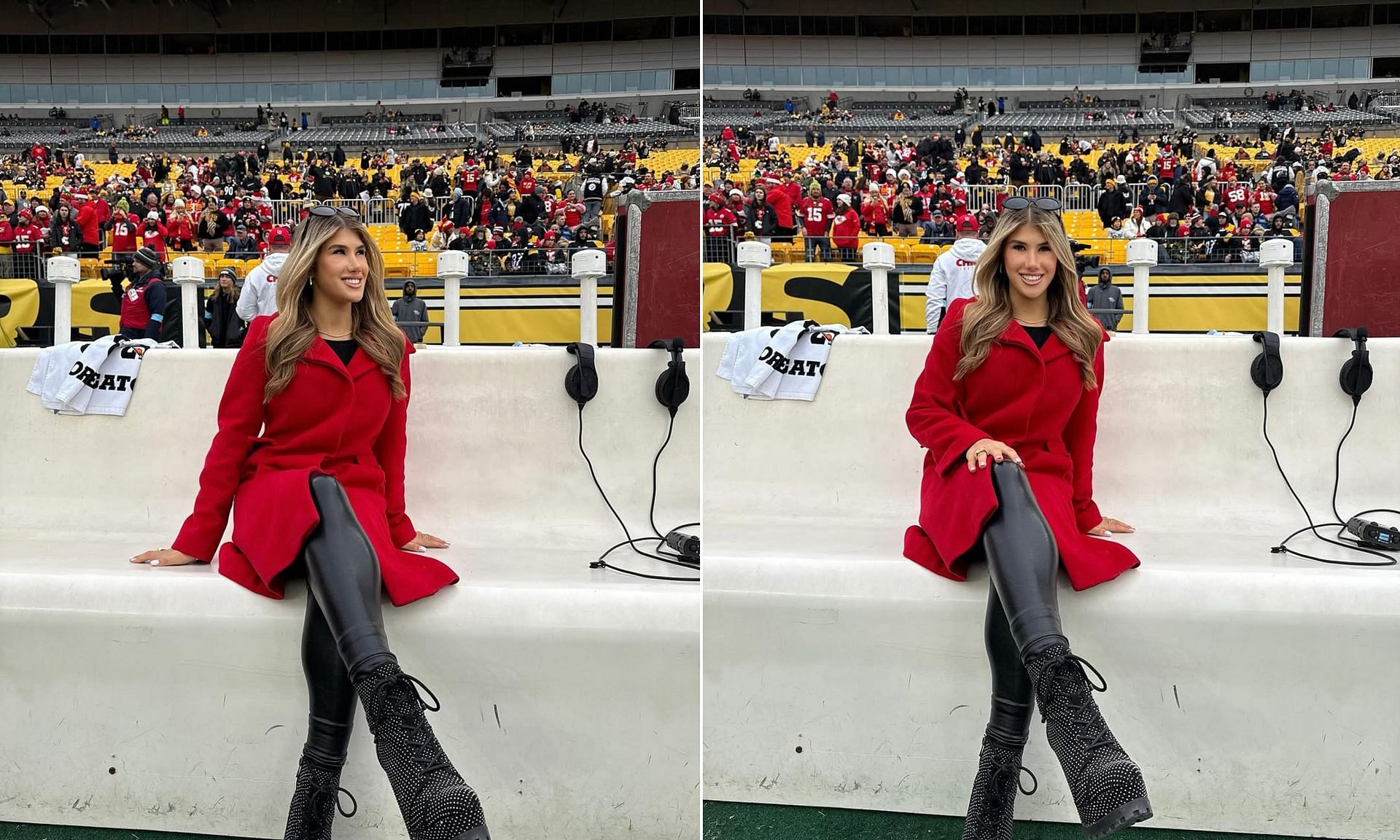 Chiefs Heiress Ava Hunt poses with siblings in glamorous red outfits for Steelers showdown. (Imagn)