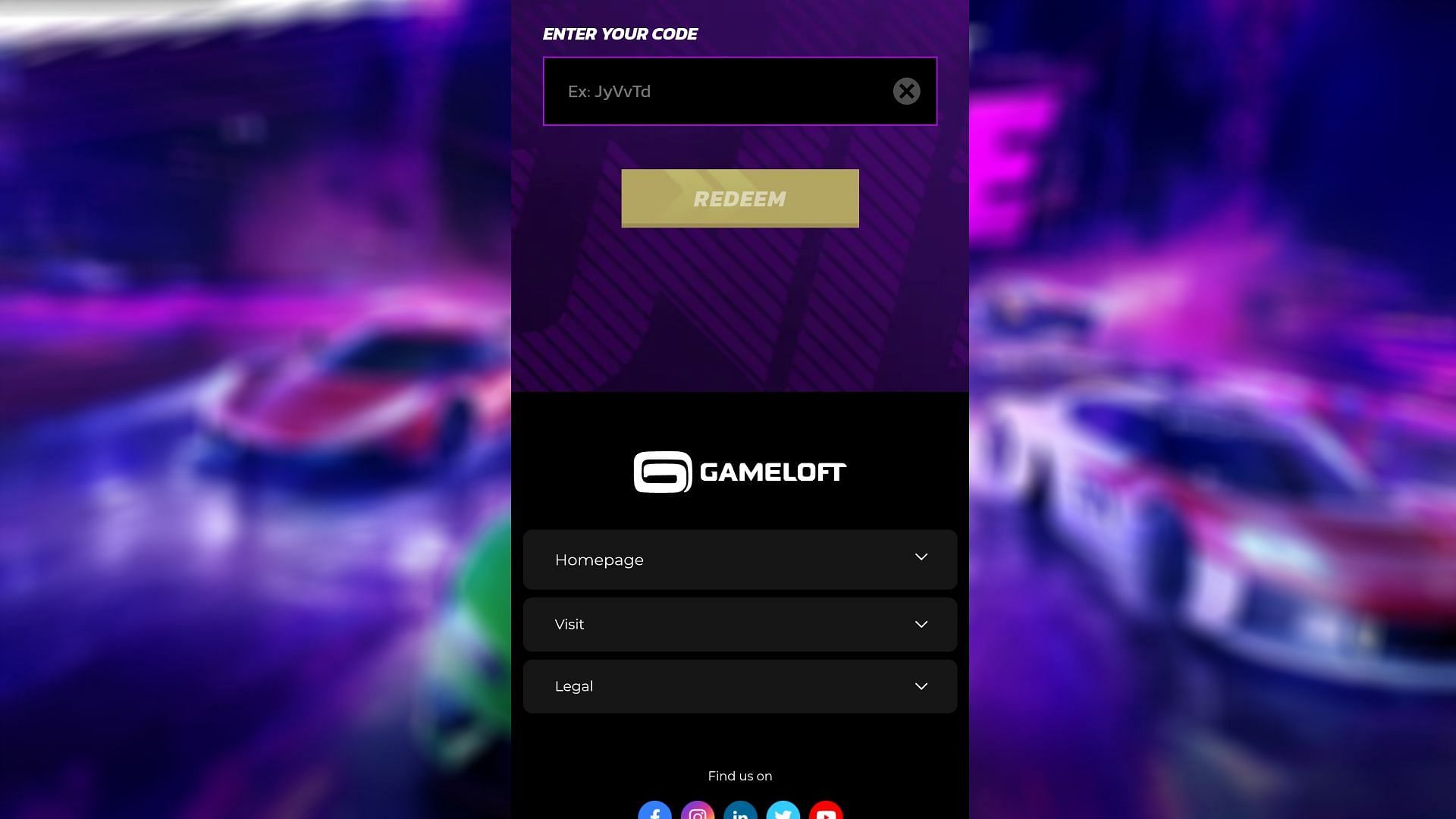 Redemption page for ASphalt Legends Unite codes (Image via Gameloft)