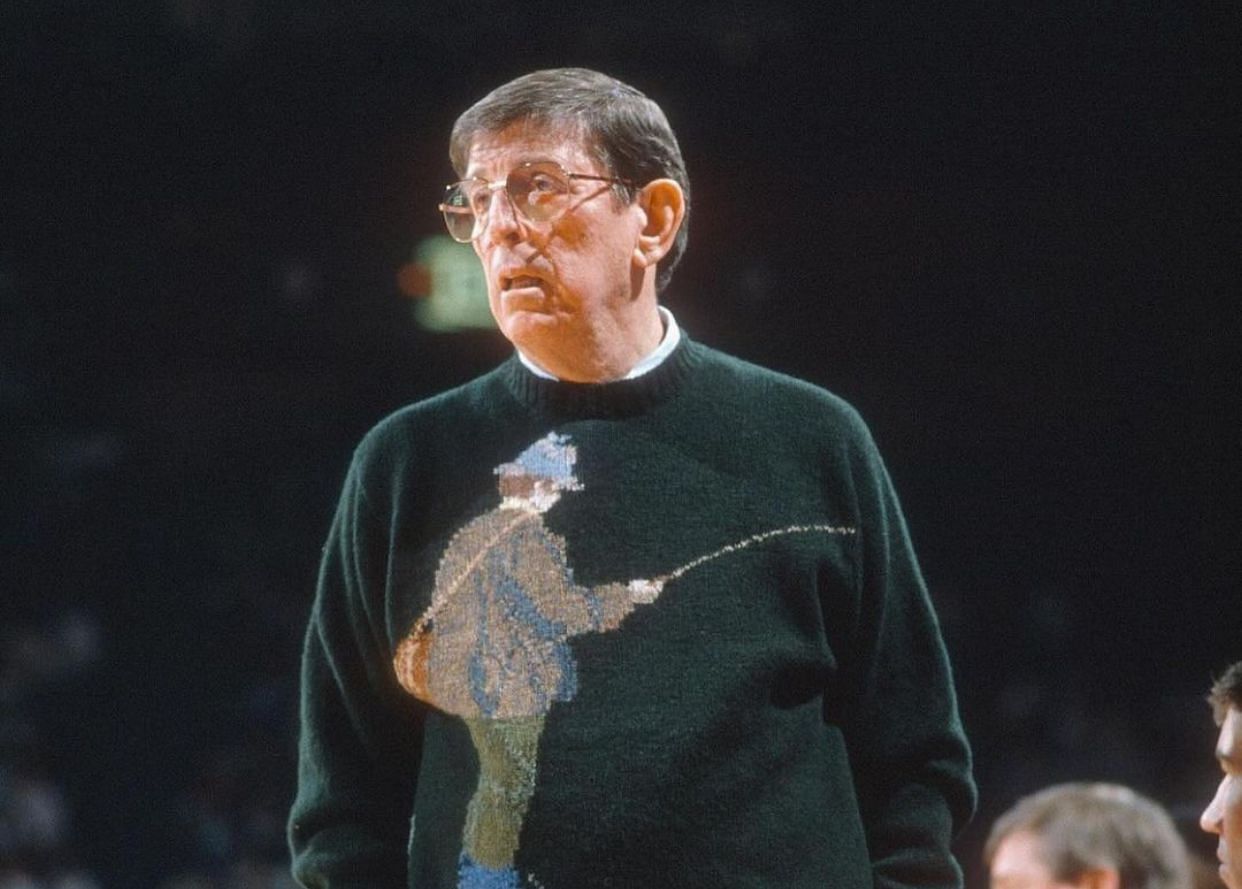 Coach Lou Carnesecca on the sidelines wearing one of his legendary sweaters. IG image via @thashyne