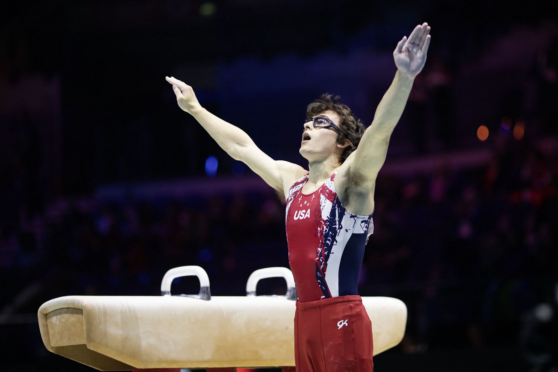 Nedoroscik during his pommel horse performance at the 2022 World Gymnastics Championships in Liverpool (Image via: Getty Images)