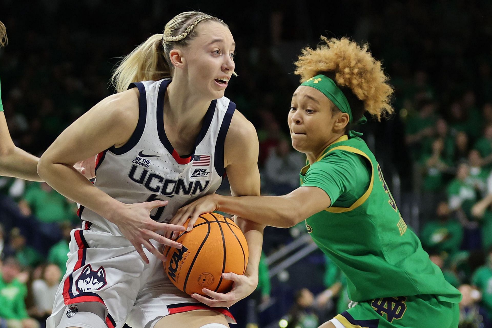 Hannah Hidalgo tries to steal the ball from Paige Bueckers during UConn vs Notre Dame [Connecticut v Notre Dame - Source: Getty]