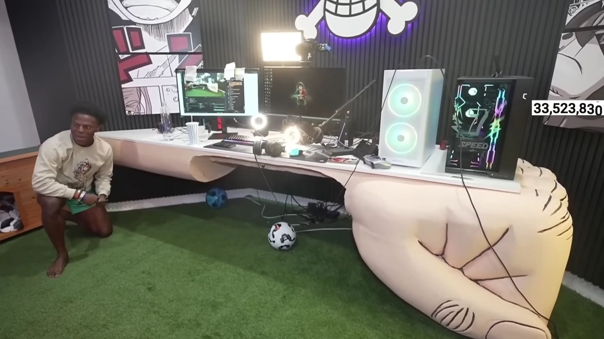 IShowSpeed showcased a &#039;Gum-Gum&#039; style desk inspired by the One Piece protagonist, Luffy, in his recent setup reveal (Images via Live Speedy/YouTube)