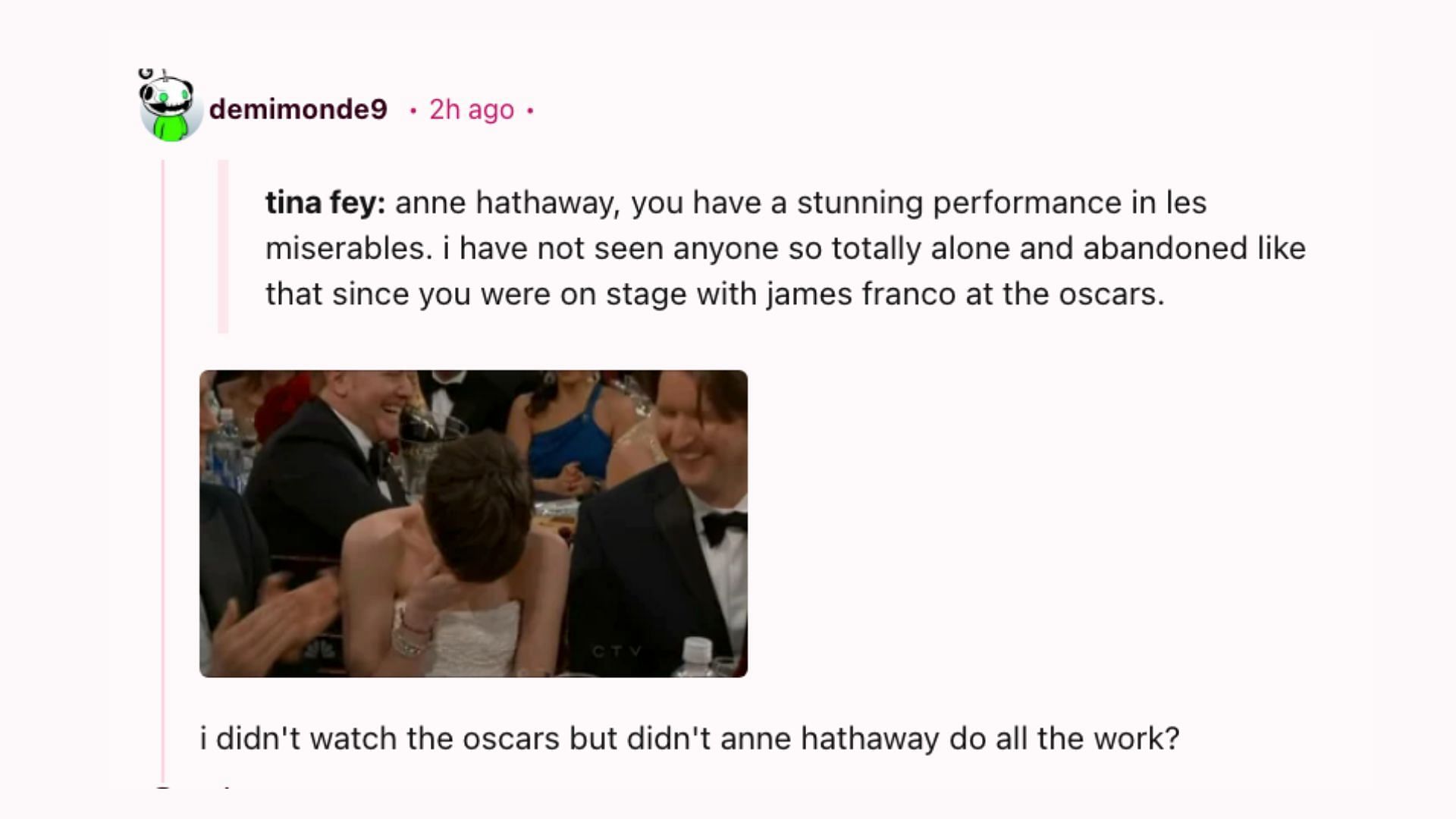 Fan comment bout James Franco&#039;s Oscars hosting gig (Image via @demimonde9/Reddit)