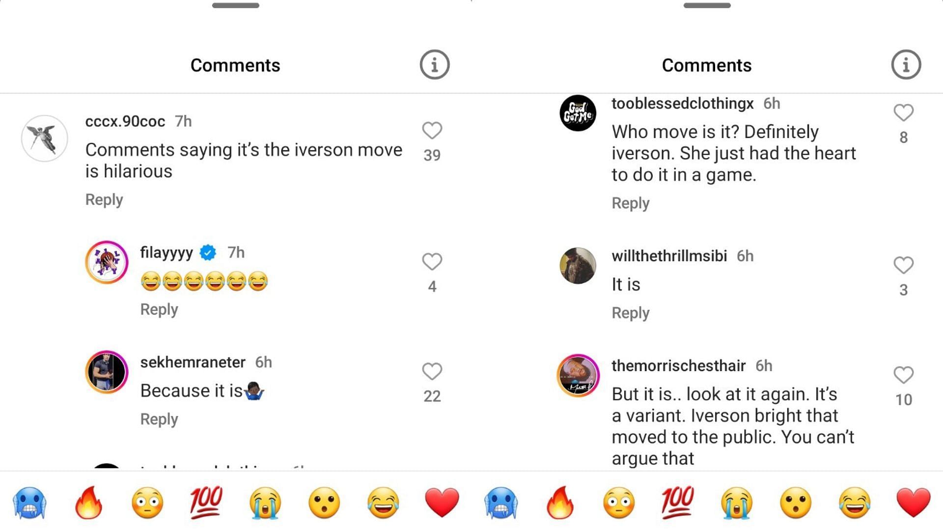 Basketball fans posted their comments on Instagram about Kiyomi McMiller's move, comparing the Rutgers star to NBA legend Allen Iverson. Source: Instagram/@filayyyy