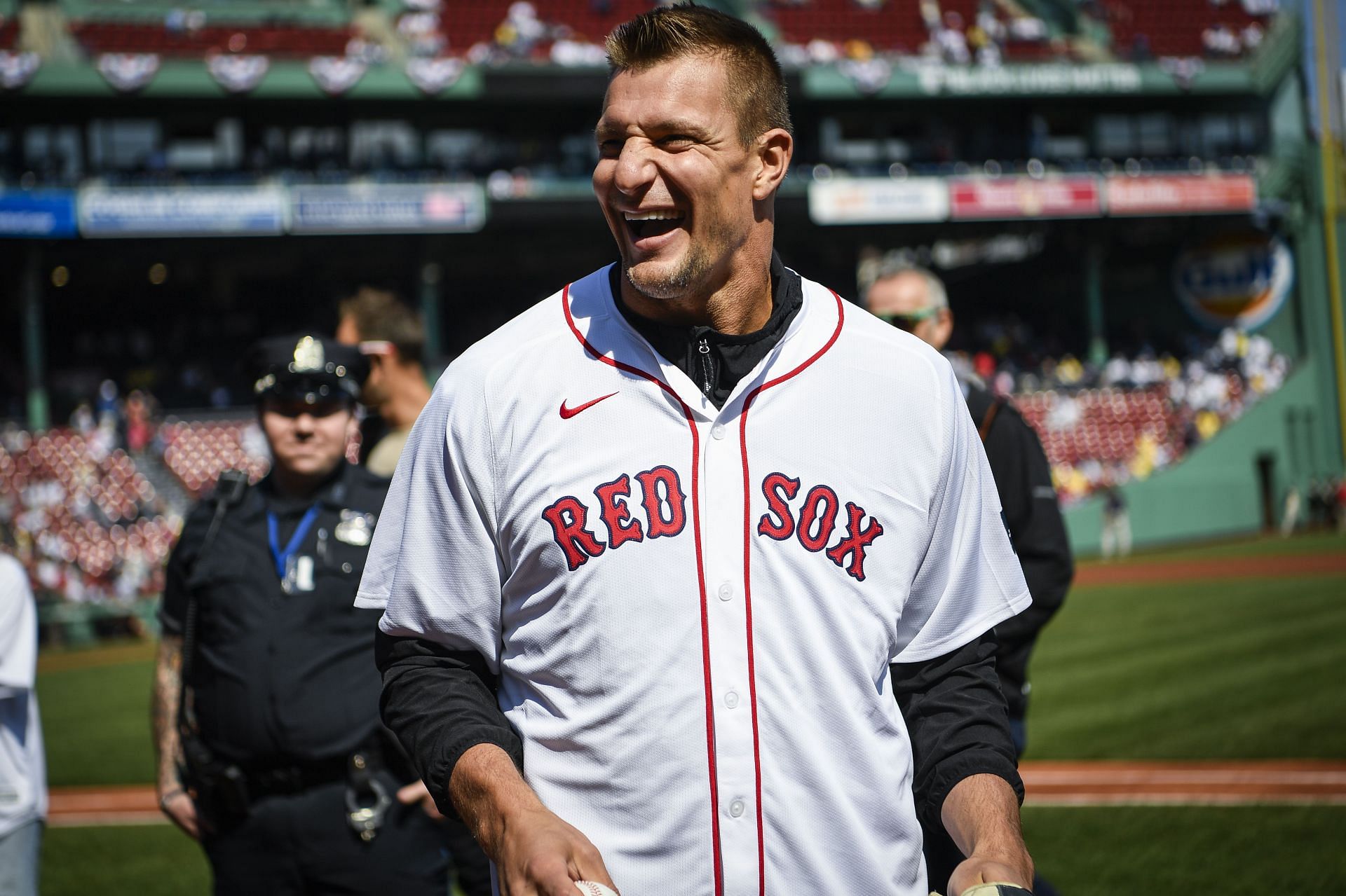 Rob Gronkowski, former NFL player for the New England Patriots at the Cleveland Guardians v Boston Red Sox (Image via Getty)