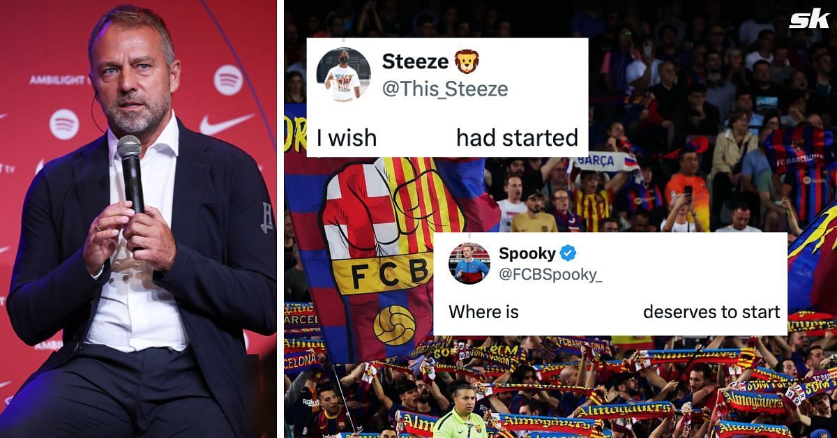 Fans unhappy with Hansi Flick refusing to name 24-year-old Barcelona star in starting line-up vs Atletico. Images via Getty, Twitter - @FCBSpooky_ , @This_Steeze