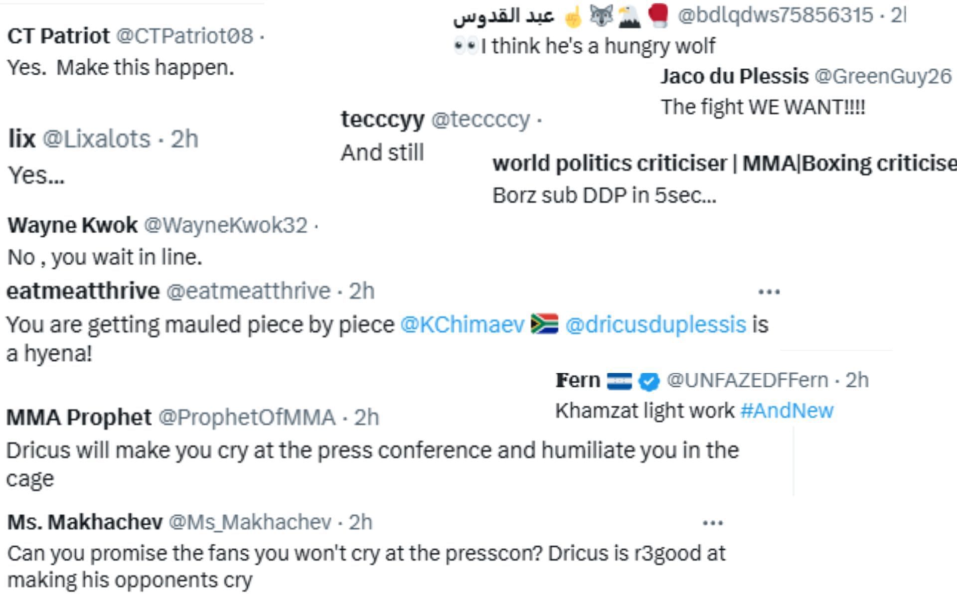 Screenshot of fan reactions to Chimaev&#039;s callout of Du Plessis