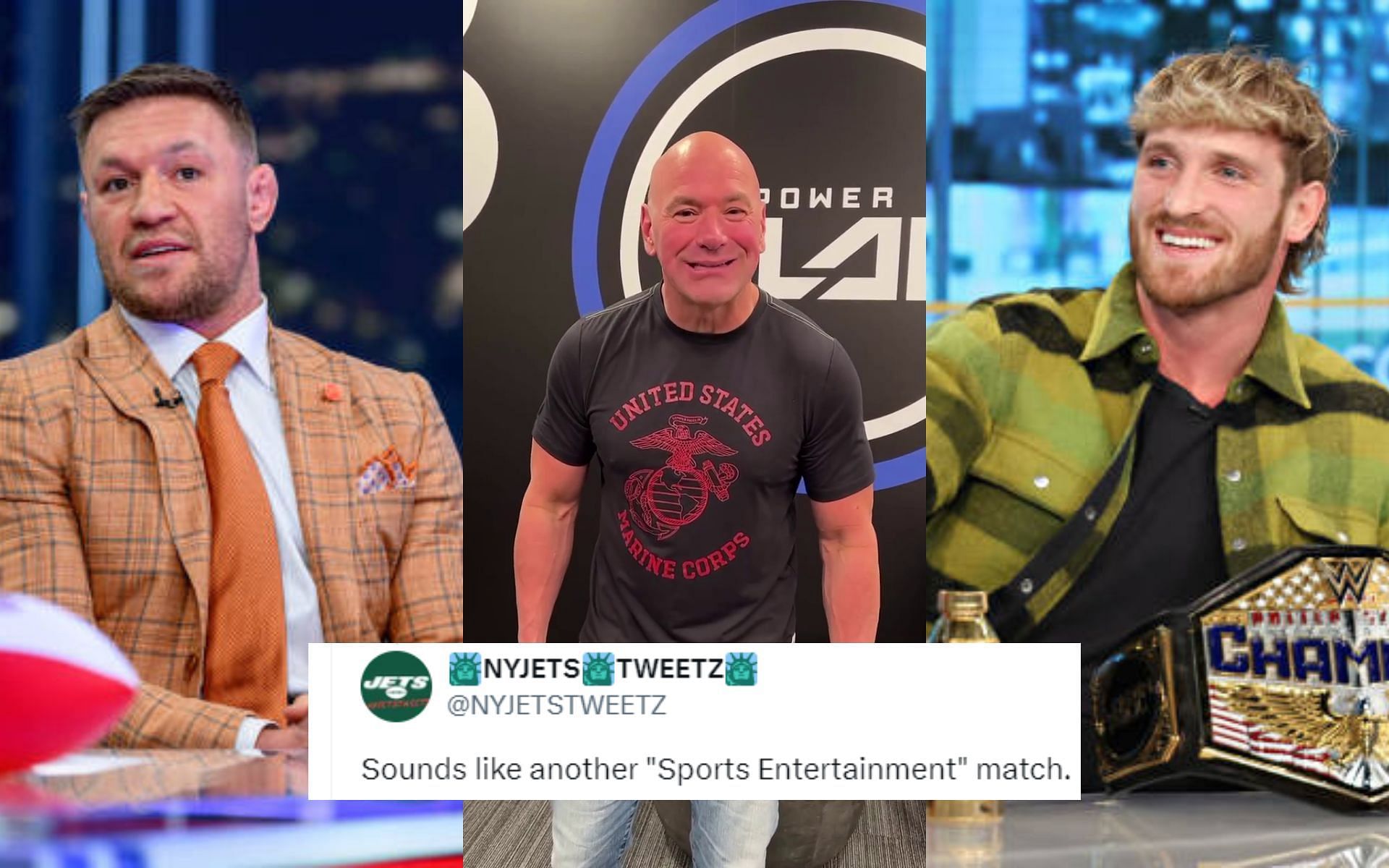 Fans question if Dana White (center) was indicating the Conor McGregor (left) vs. Logan Paul (right) fight. [Images courtesy: Getty and @danawhite on Instagram]