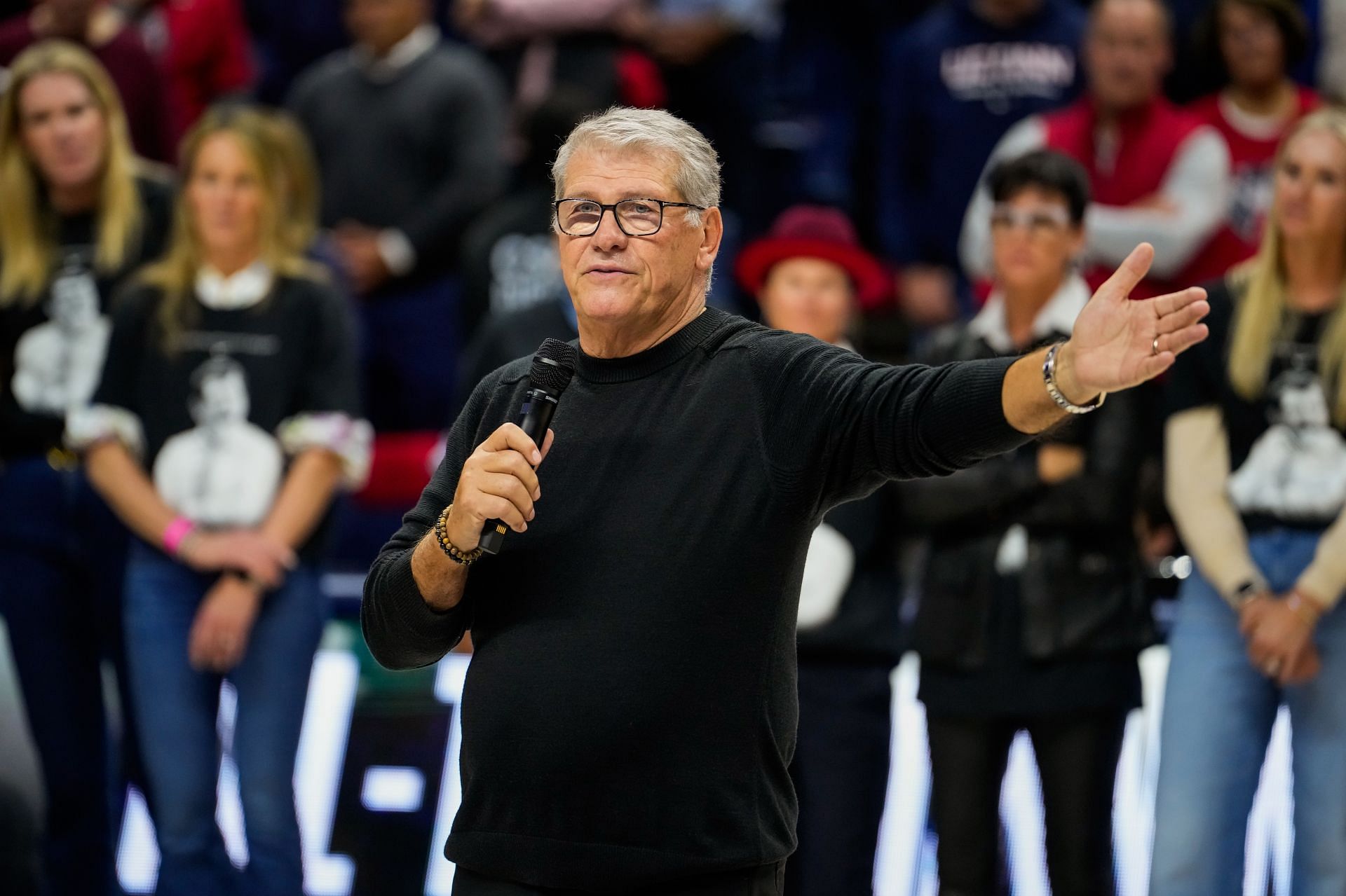 UConn Huskies head coach Geno Auriemma speaks after becoming the NCAA all-time basketball wins leader at the Harry A. Gampel Pavilion on November 20, 2024 in Storrs, Connecticut. Photo: Getty