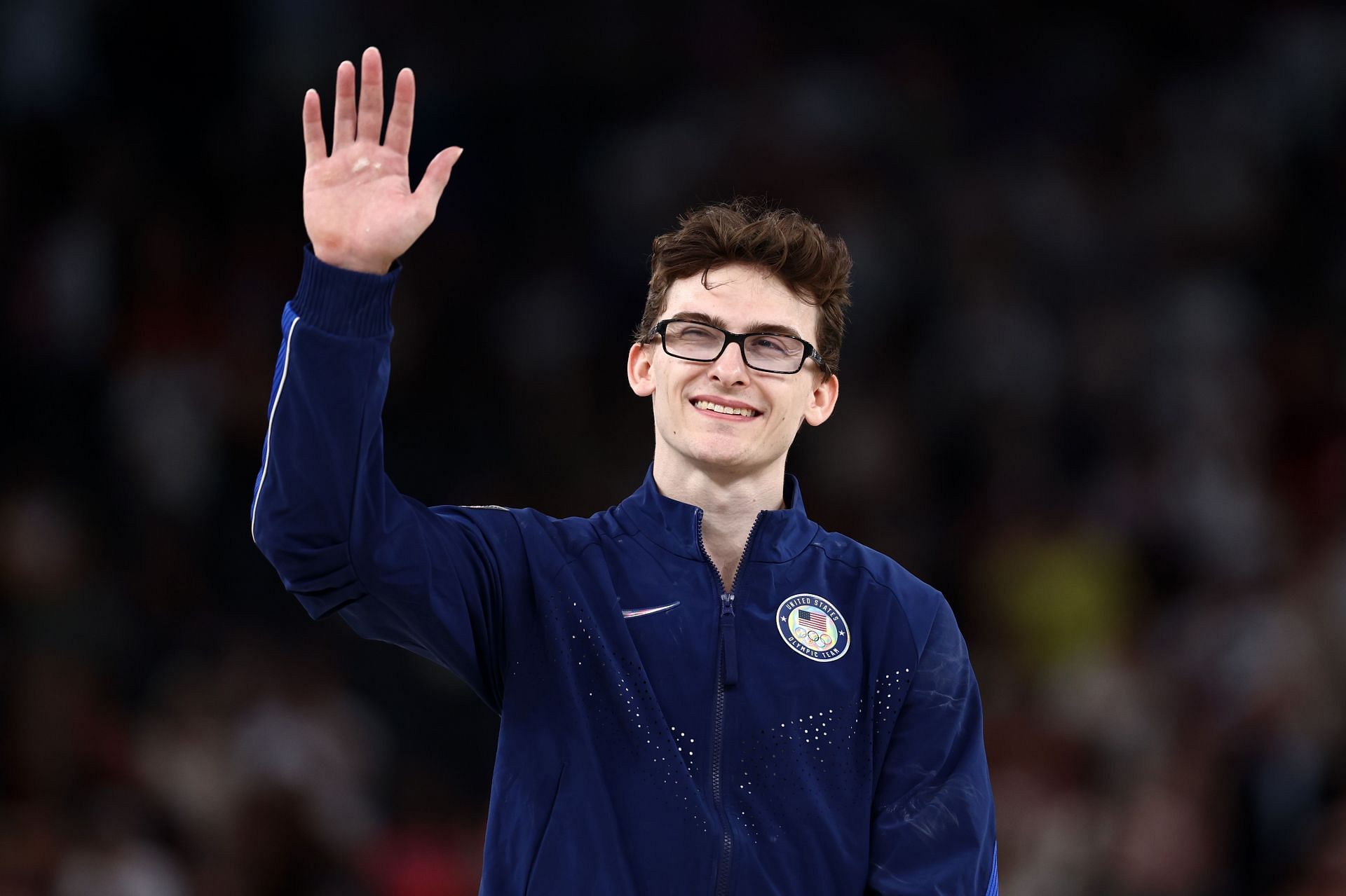 Olympic Games Paris 2024: Stephen Nedoroscik waves to the crowd before receiving his bronze medal (Source: Getty)