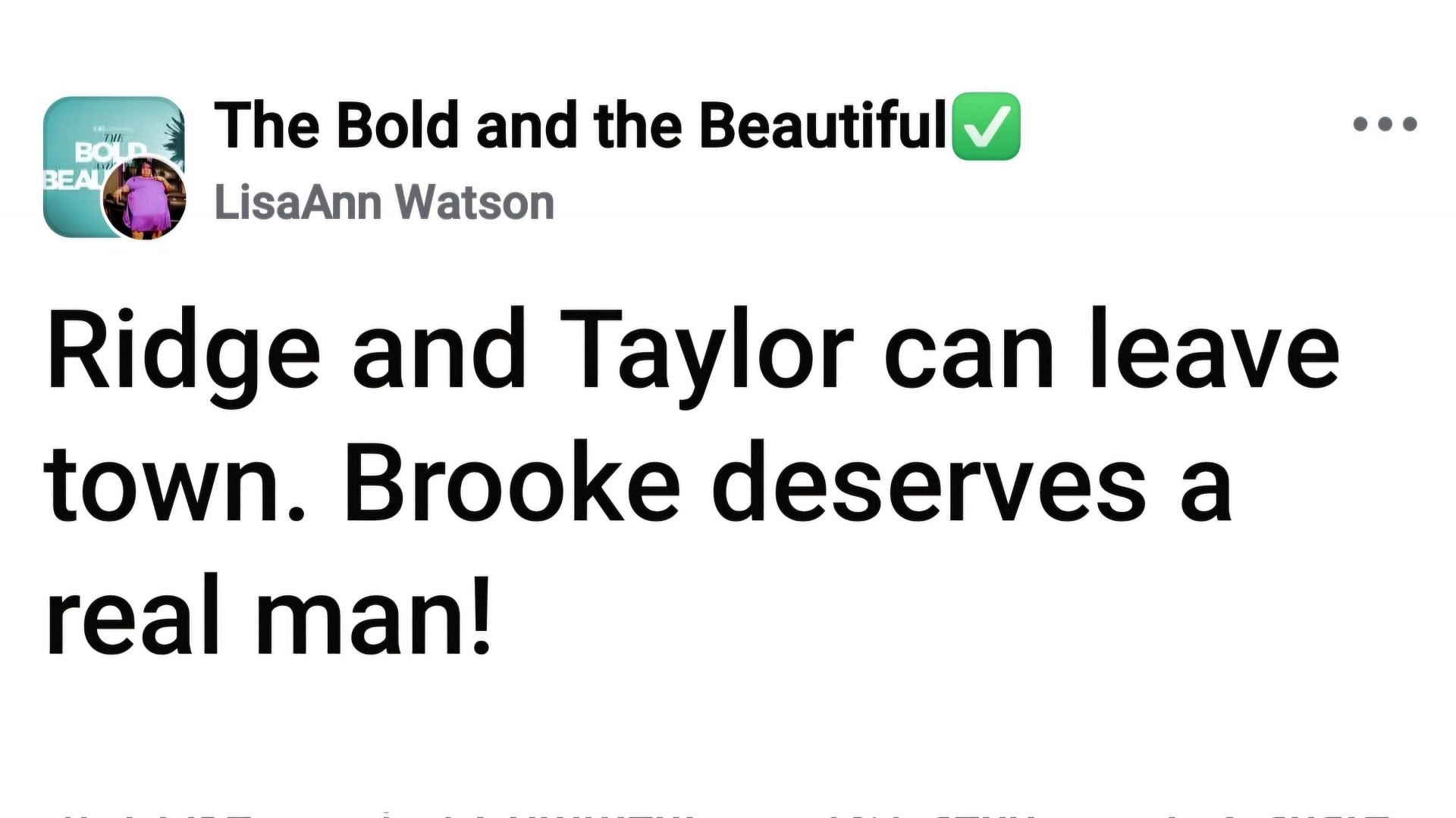 The post opining that Ridge and Taylor did not do right by Brooke (via LisaAnn Watson / Facebook)