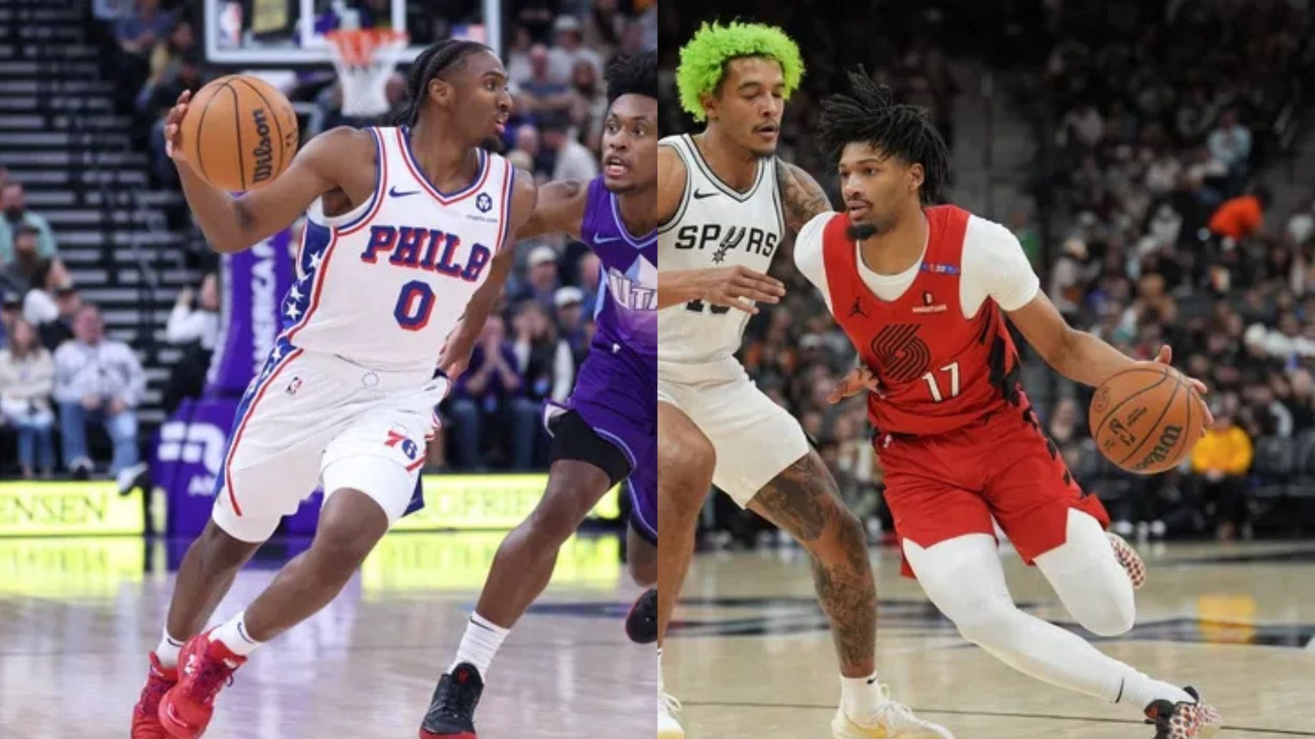 Philadelphia 76ers guard Tyrese Maxey, Portland Trail Blazers guard Shaedon Sharpe. Photo Credit: Imagn