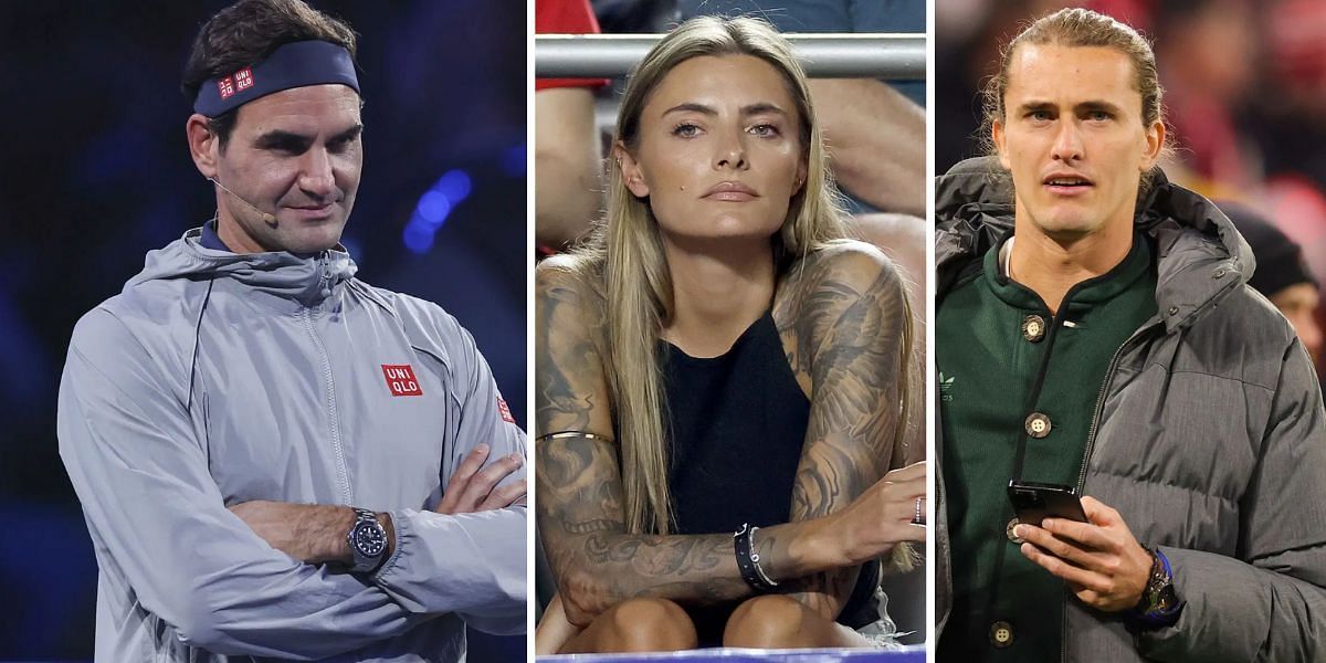 Roger Federer (L), Sophia Thomalla (center) Alexander Zverev (R) - Image Source: Getty