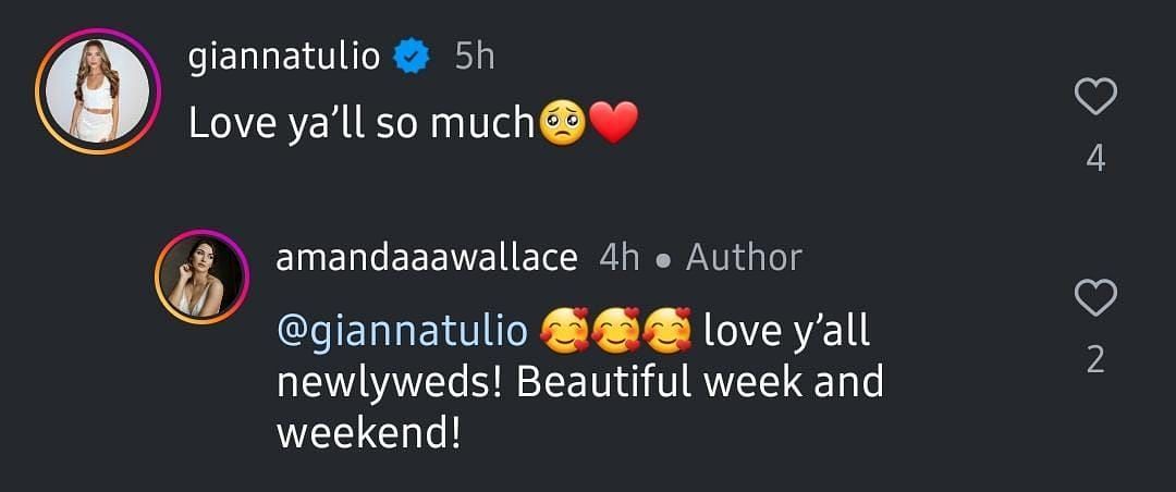 Gianna Tulio&#039;s reaction to the post and Amanda&#039;s reply (Source: @amandawallace via Instagram)