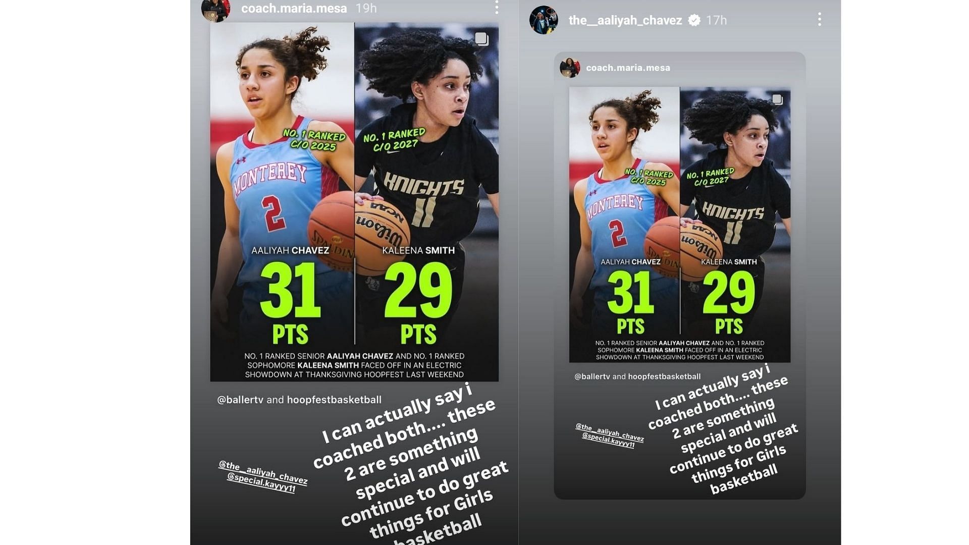 Mesa predicts top high school prospects Aaliyah Chavez and Kaleena Smith to be the future of women&#039;s basketball (Image via Instagram/@coach.maria.mesa and Instagram@the_aaliyah_chavez)