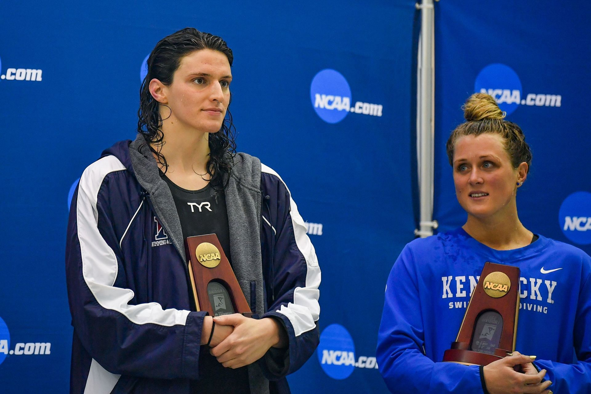 NCAA SWIMMING: Riley Gaines (R) and Lia Thomas on the podium (Image: Getty)