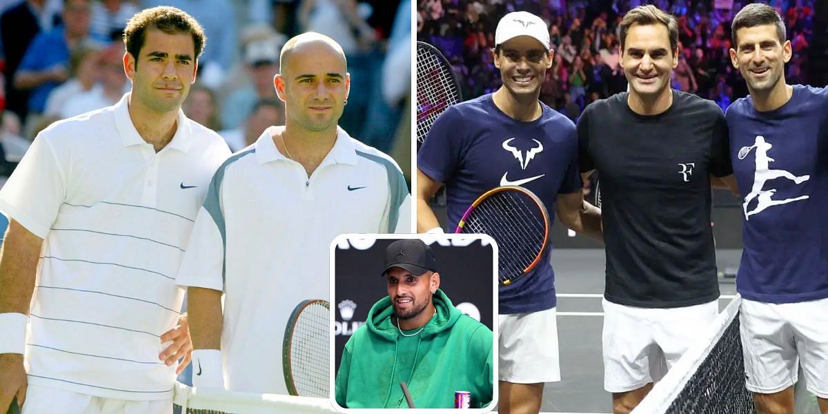 Pete Sampras with Andre Agassi (L) Roger Federer, Rafael Nadal with Novak Djokovic (R) &amp; Nick Kyrgios (inset) [mage Source: Getty Images]