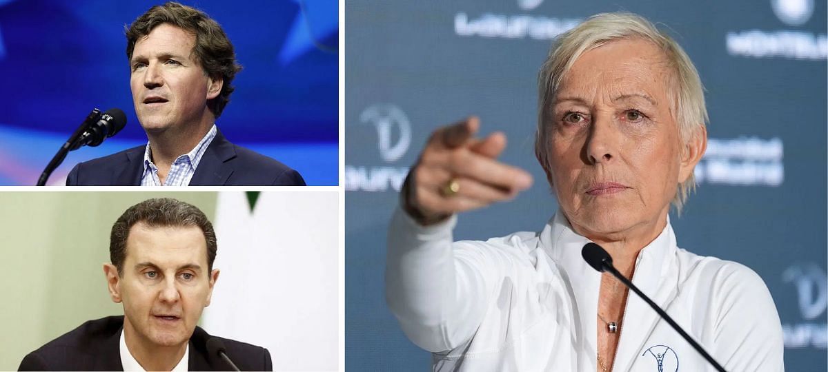 Tucker Carlson (top left), Bashar al-Assad (bottom left), and Martina Navratilova (right)  [Image source: Getty]