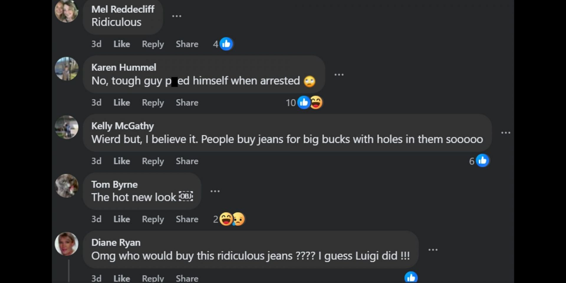 Netizens comment on Luigi&#039;s photo in seemingly soiled denim. (Image via Facebook/Grandmas sew sweet designs)