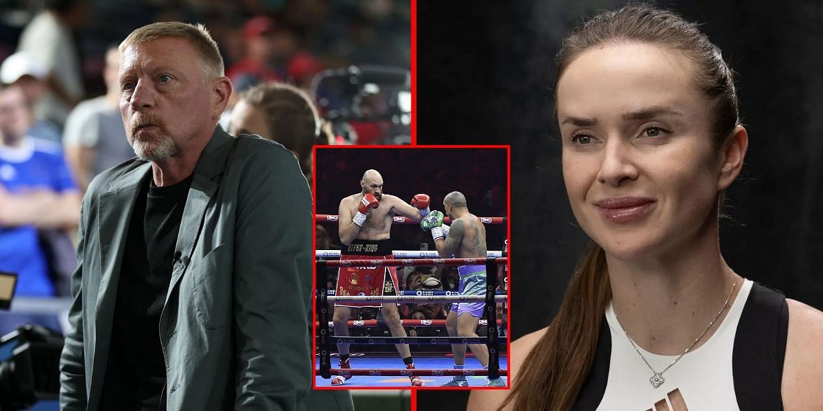 Boris Becker (L) &amp; Elina Svitolina (R) reacted to Oleksandr Usyk vs Tyson Fury (inset) | Getty