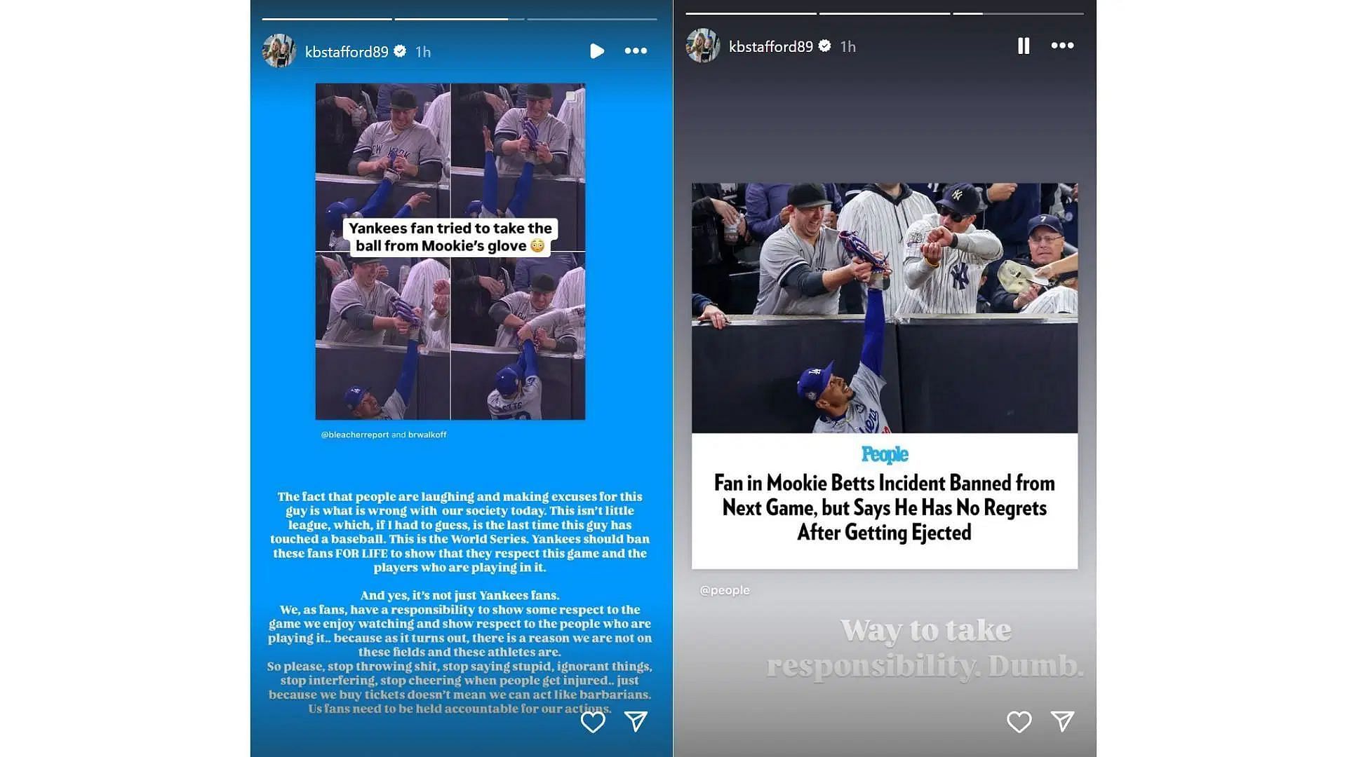 Matthew Stafford&#039;s wife Kelly calls out Yankees fan trying to pry ball from Mookie Betts&#039; glove [Image credit: @kbstafford89 IG]