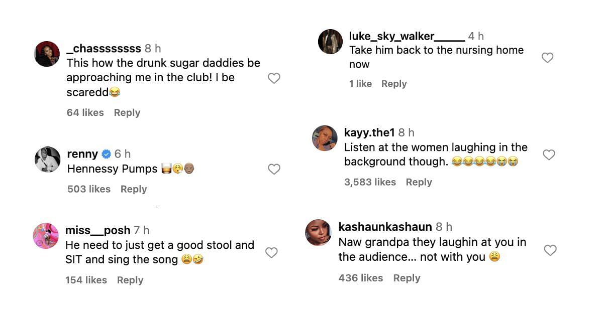 Screenshots of comments on Keith Sweat&#039;s dance moves from the Netherlands concert (Image via Instagram/@theshaderoom)