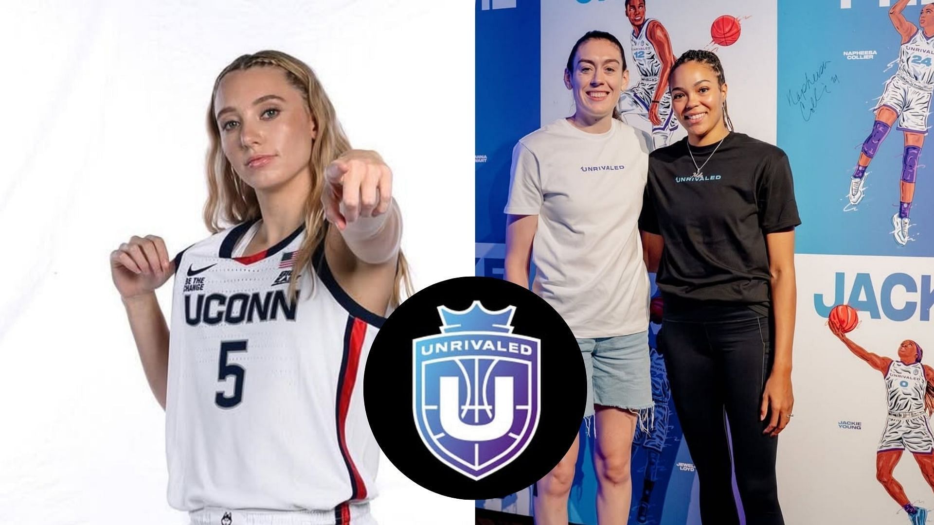 Paige Bueckers (left), Unrivaled owners Napheesa Collier and Breanna Stewart (right), Unrivaled logo (centre) [Images via IG/@Paigebueckers, @Unrivaledbasketball]