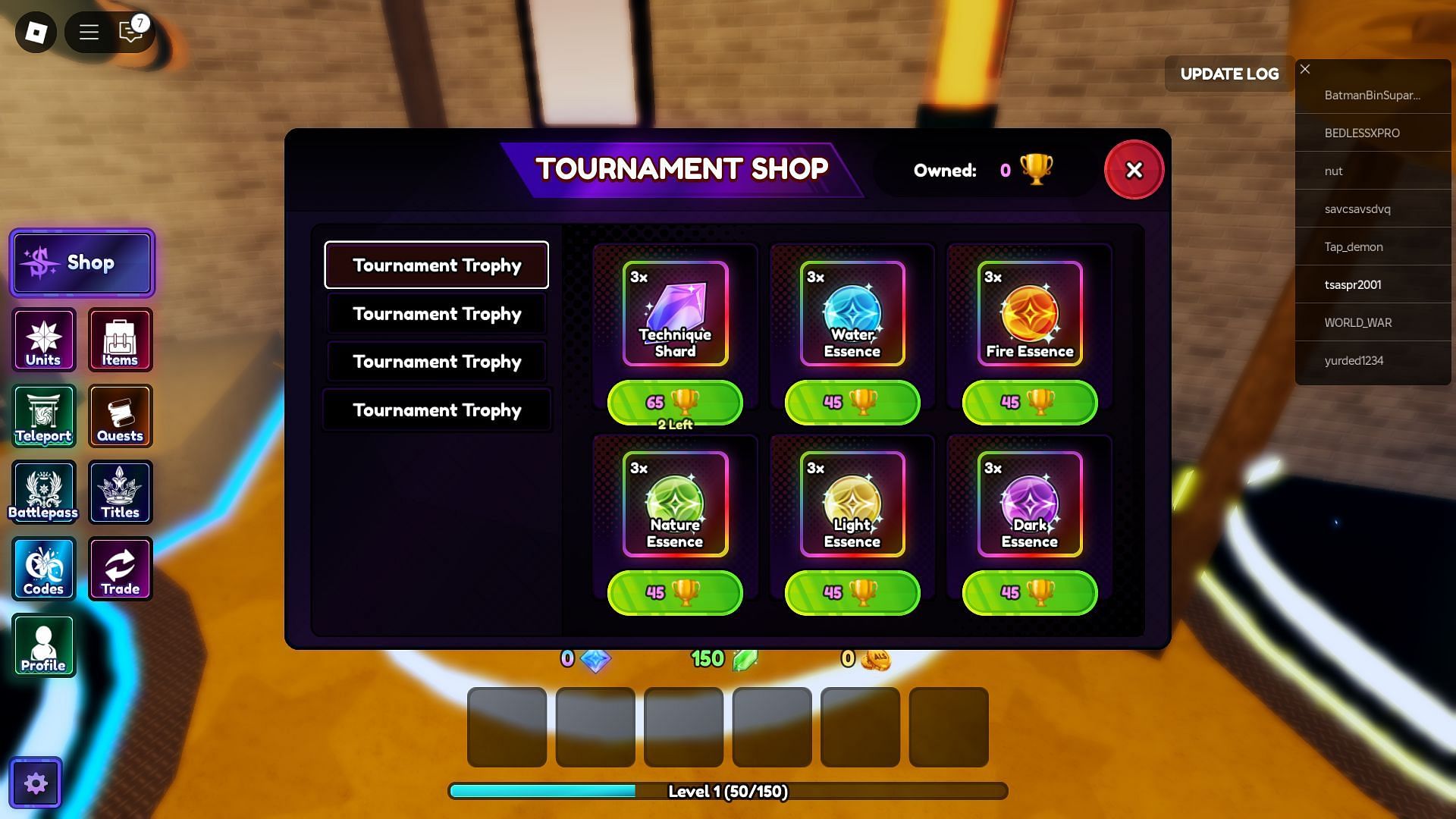 Purchase items using the Trophies in the Tournament Shop (Image via Roblox)