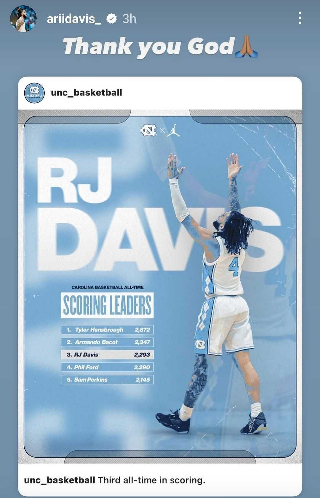 RJ Davis reacts to career milestone with North Carolina Tar Heels. (Instagram)