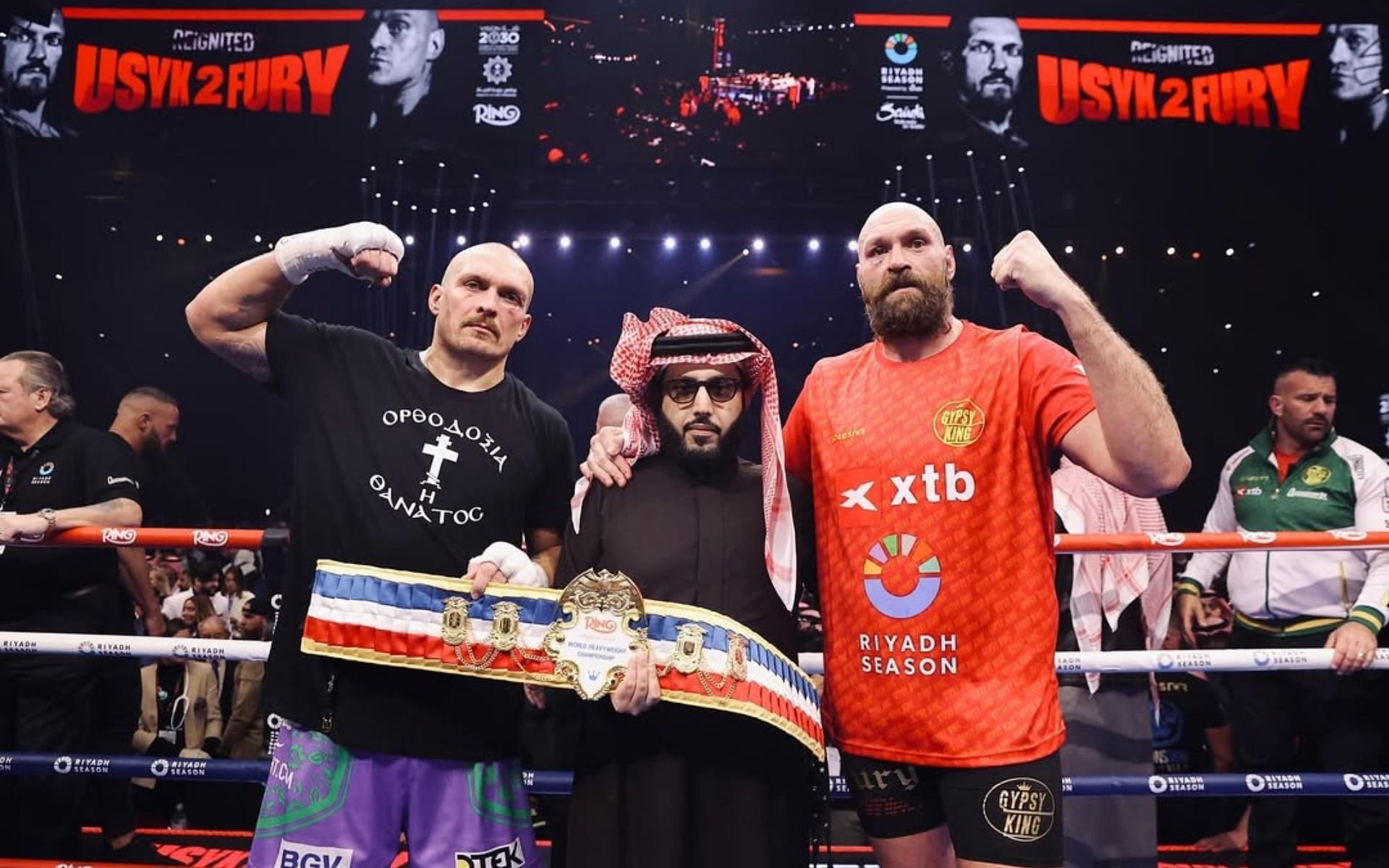 Turki Alalshikh (center) shares his thoughts on the Oleksandr Usyk (left) vs. Tyson Fury (right) boxing card. [Image courtesy: @turkialalshik on Instagram]