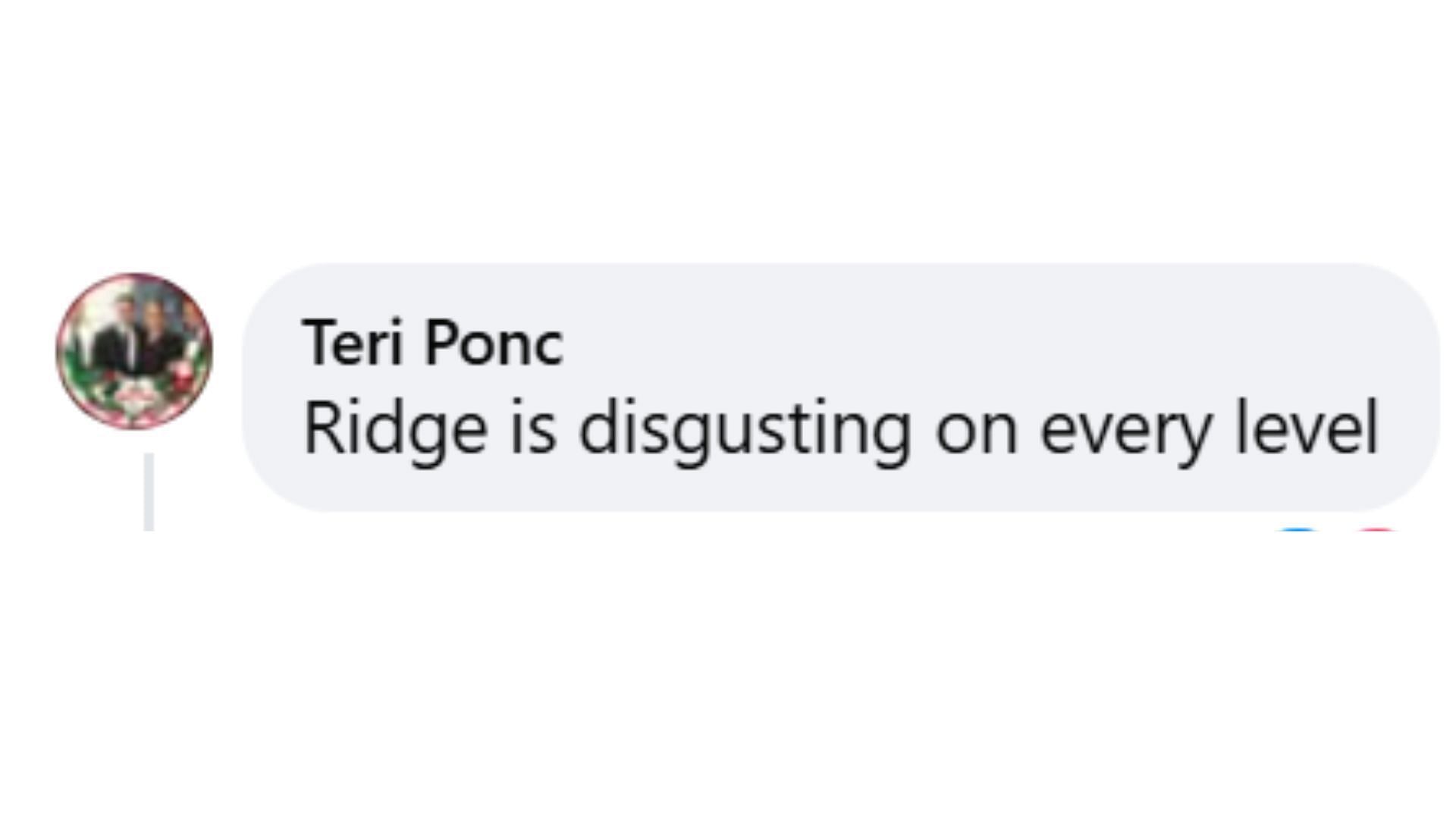 A fan reaction about Ridge&#039;s attitude (Image via Facebook/The Bold and the Beautiful)