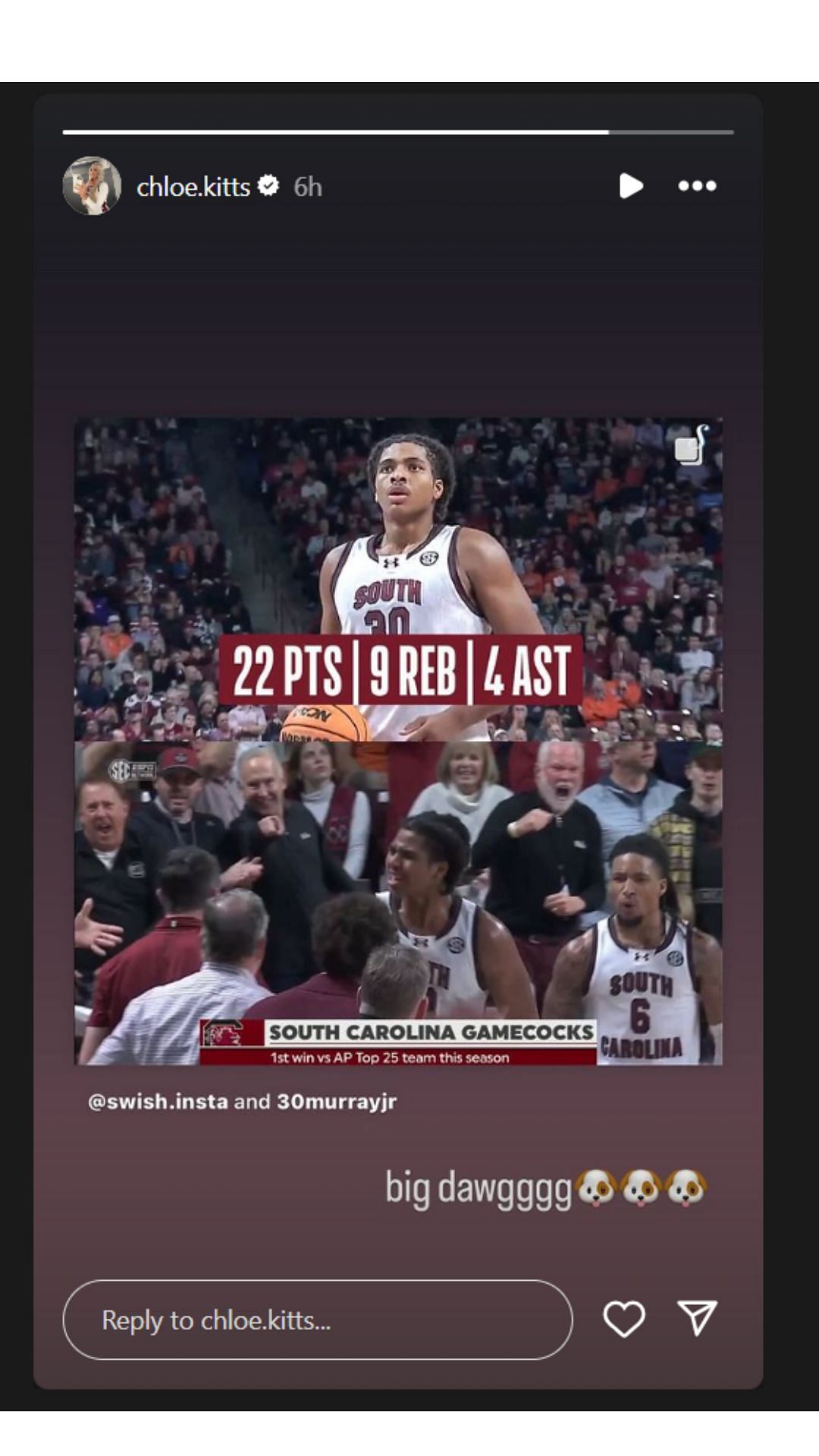 Chloe Kitts celebrates BF Collin Murray-Boyles after USC&#039;s 91-88 win vs Clemson. IG image via @chloe.kitts