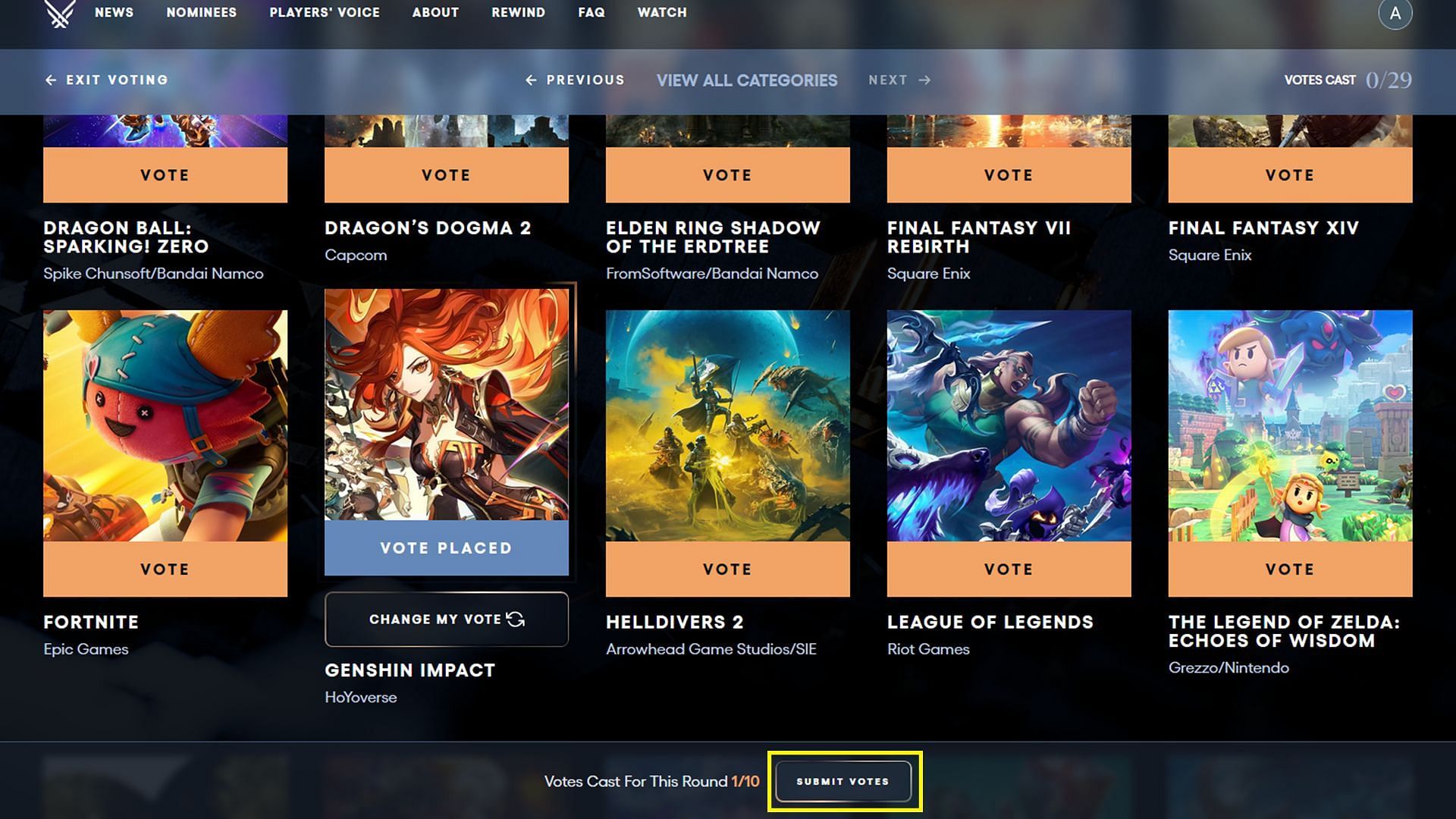 Submit your vote for the first round (Image via The Game Awards)