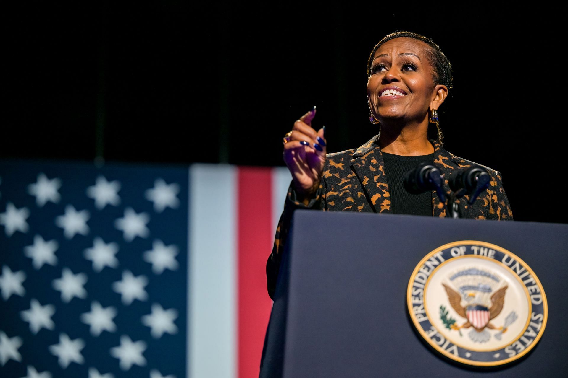 Democratic President Nominee Kamala Harris Campaigns With Former First Lady Michelle Obama In Kalamazoo, MI - Source: Getty