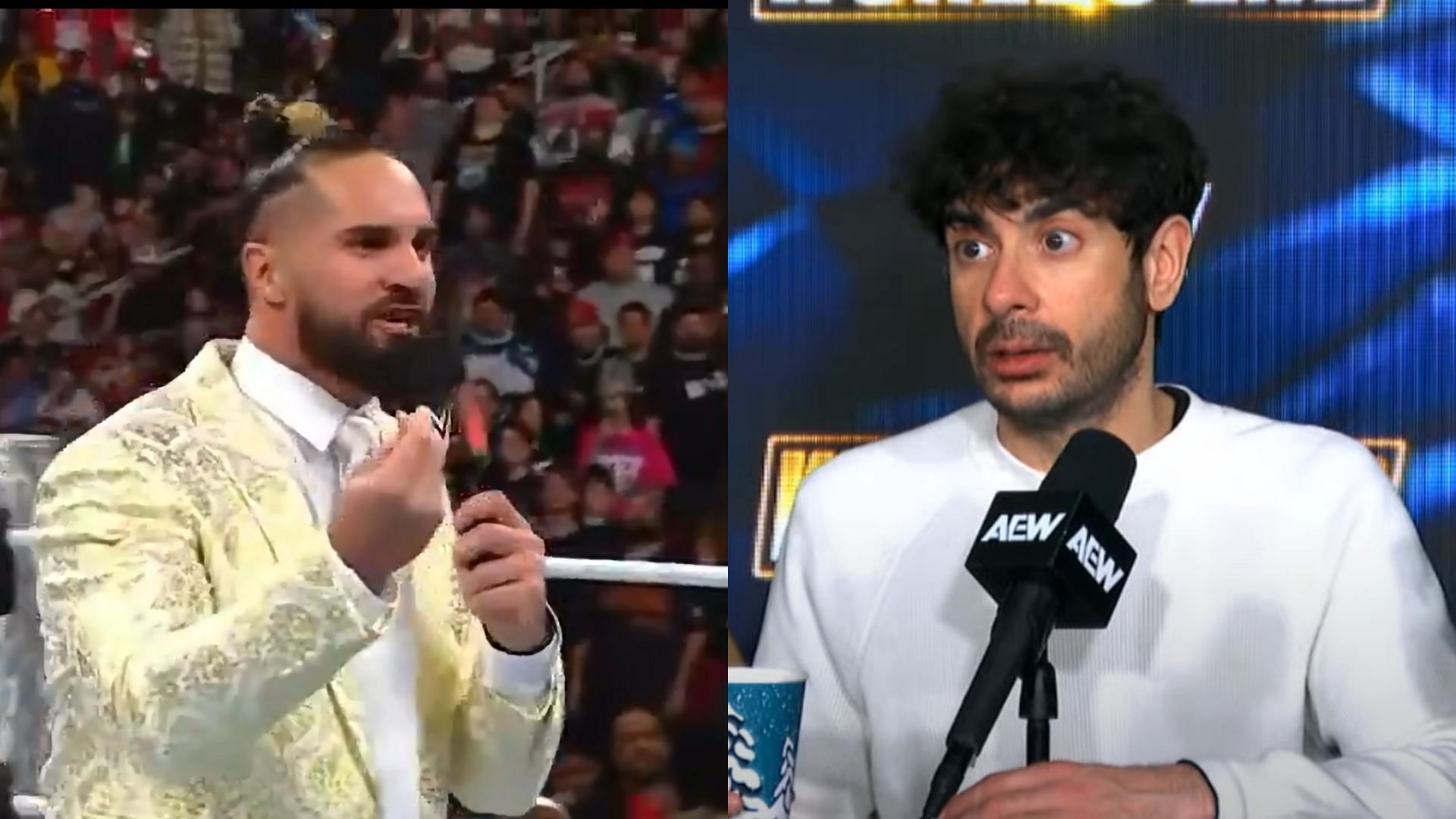 Seth Rollins (left) and Tony Khan (right). (Image credits: WWE RAW &amp; AEW YouTube channel)