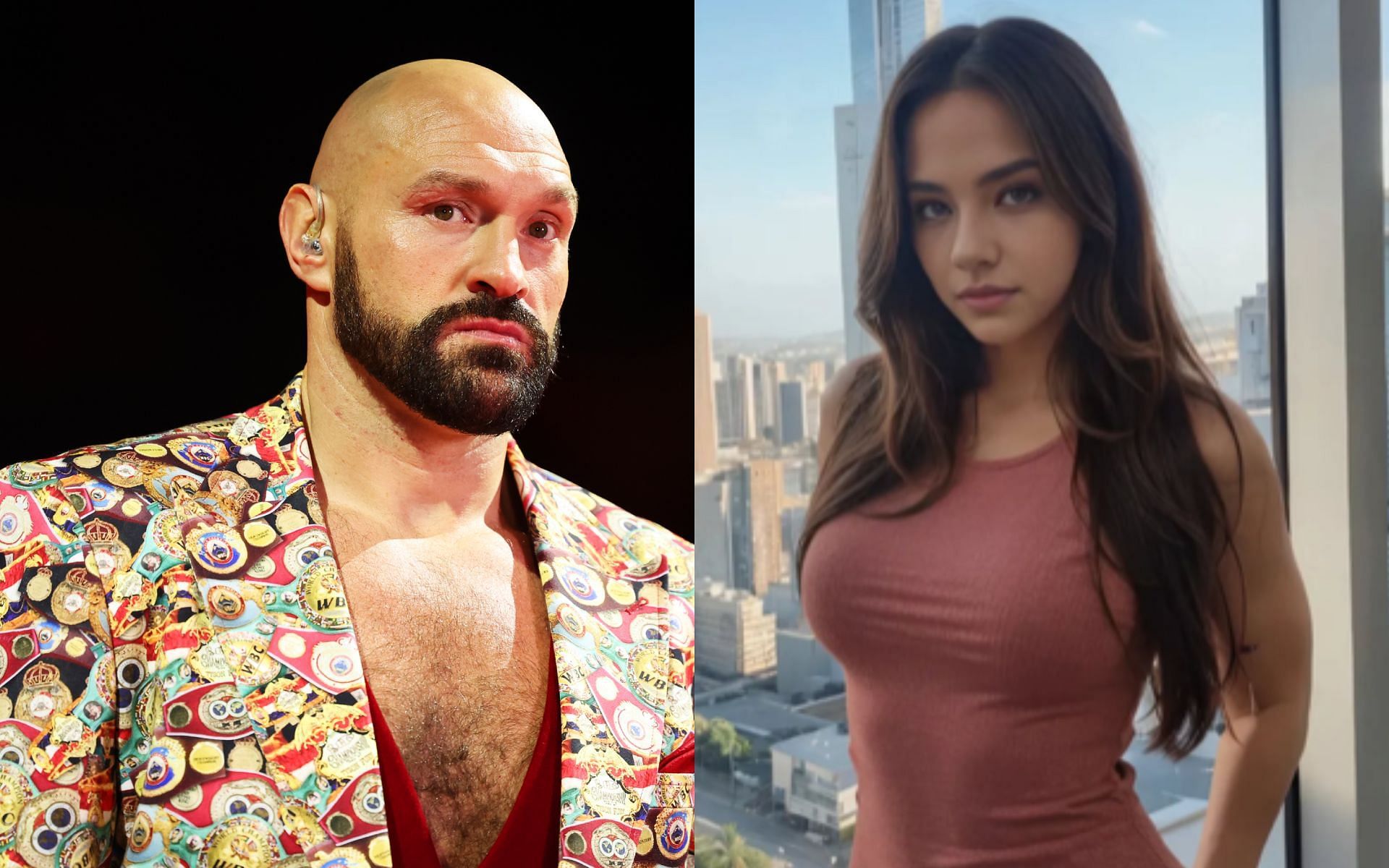 Tyson Fury (left) could have AI model Lily Hayes (right) as ring girl for next fight. [Image courtesy: Getty Images, @lilyhayes2001 on Instagram]